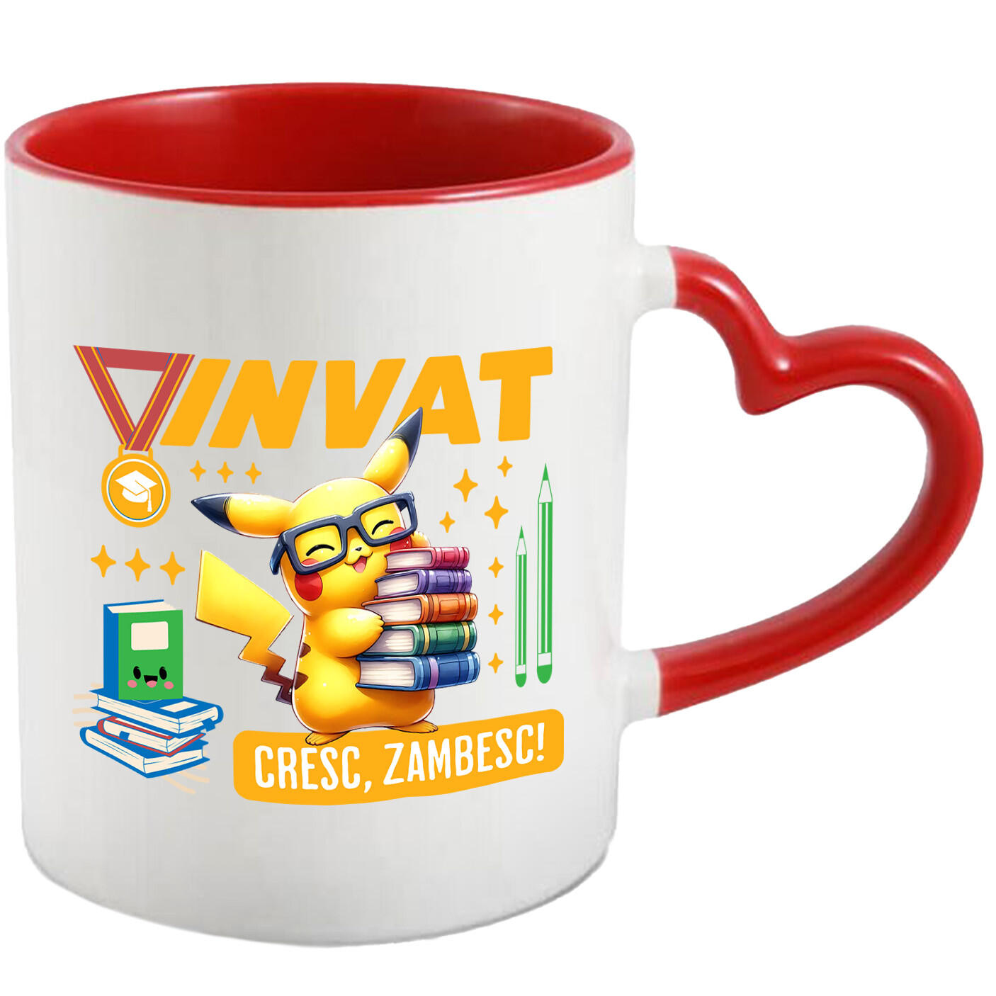Educatie - Cana Cu Pikachu – Invatam Si Zambim Cu Cartile Ceramica, 330ML, cu Maner Inima Rosie