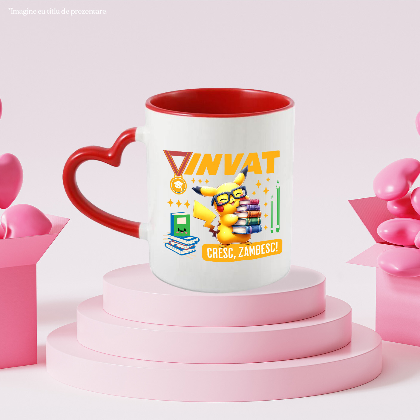 Cana Cu Pikachu – Invatam Si Zambim Cu Cartile Ceramica, 330ML, cu Maner Inima Rosie [2]
