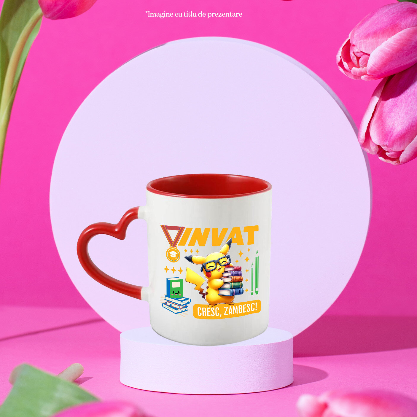 Cana Cu Pikachu – Invatam Si Zambim Cu Cartile Ceramica, 330ML, cu Maner Inima Rosie [1]