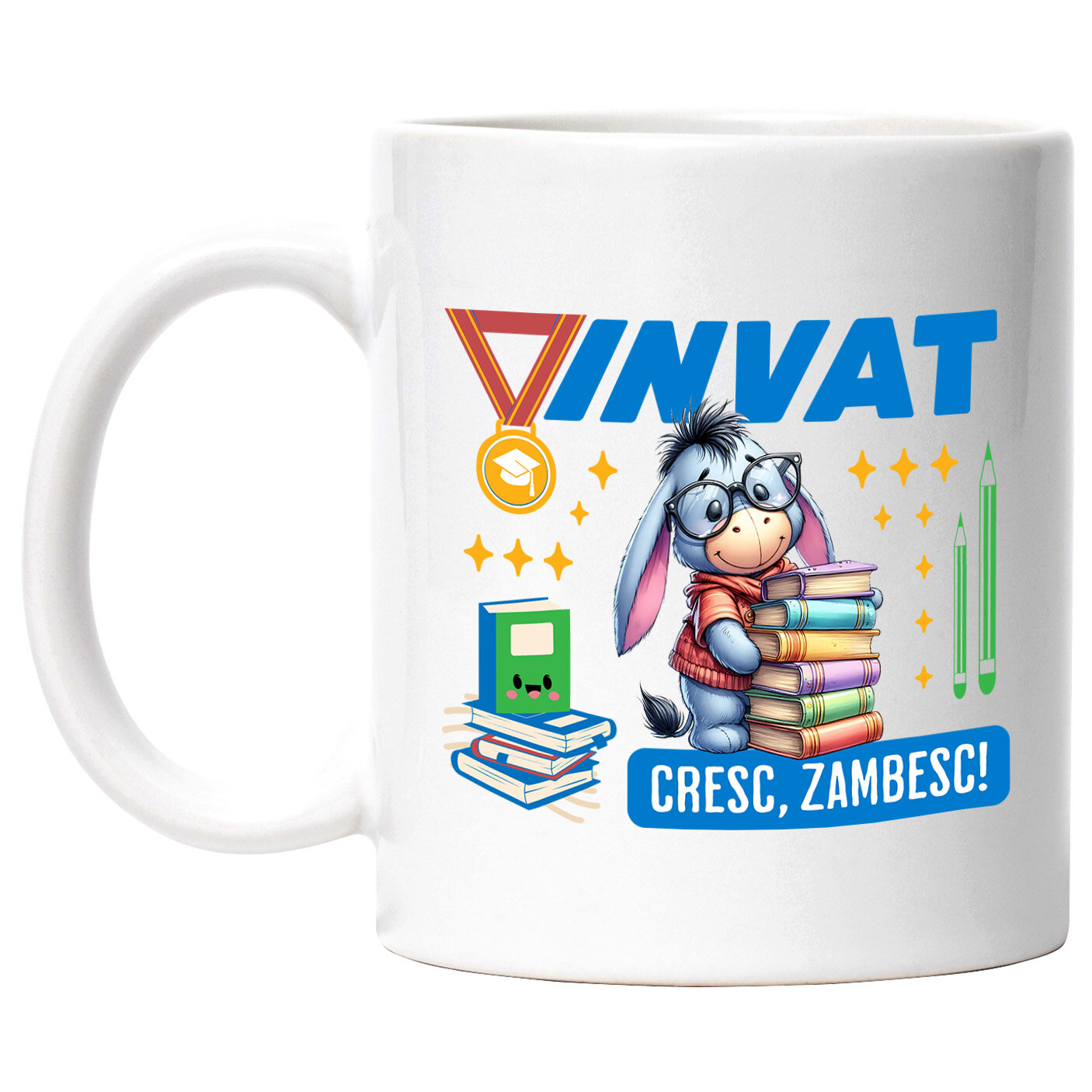 Educatie - Cana Cu Cu Eeyore, Cărți și Zâmbete În Fiecare Zi Ceramica, 330ML, cu Maner Alb