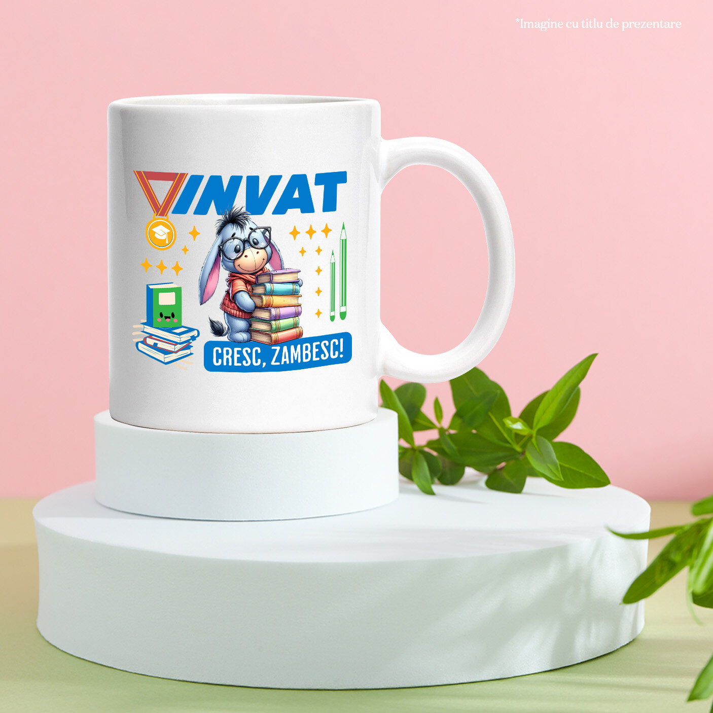 Cana Cu Cu Eeyore, Cărți și Zâmbete În Fiecare Zi Ceramica, 330ML, cu Maner Alb [2]