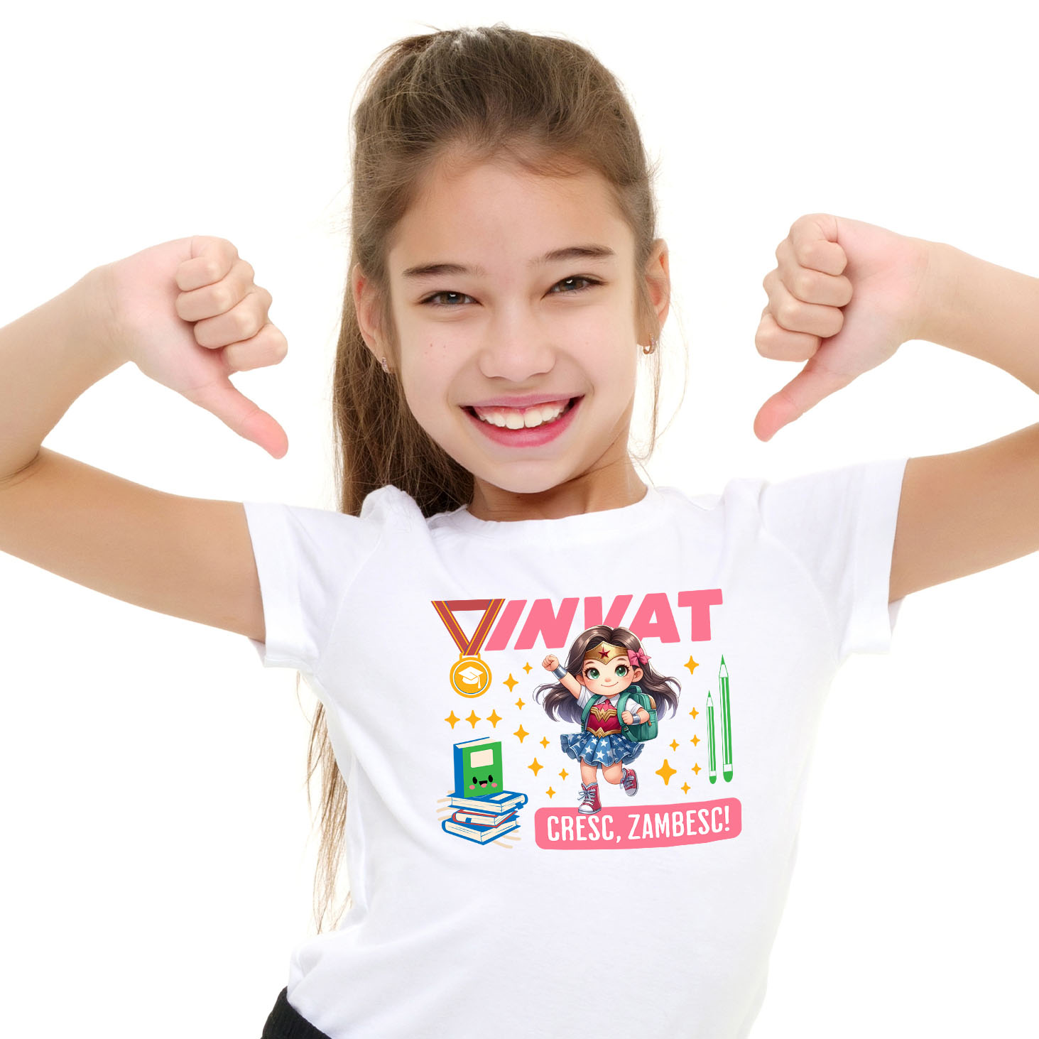 Educatie - Tricou Copii cu Wonder Woman – Cărți și Putere pentru O Lume Mai Bună 100% Bumbac, Alb, 6 Ani