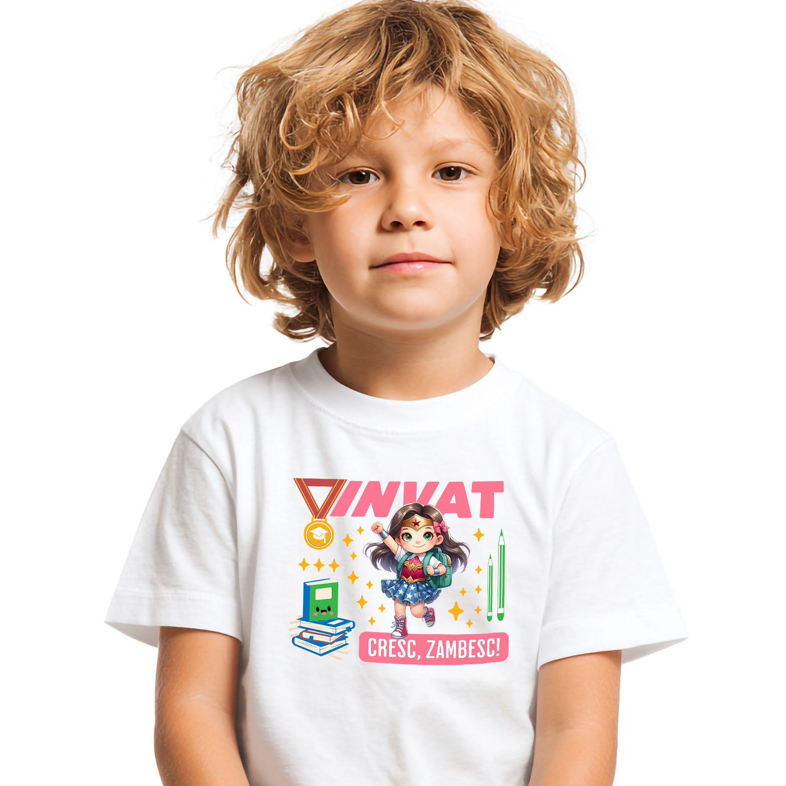 Tricou Copii cu Wonder Woman – Cărți și Putere pentru O Lume Mai Bună 100% Bumbac, Alb, 6 Ani [1]