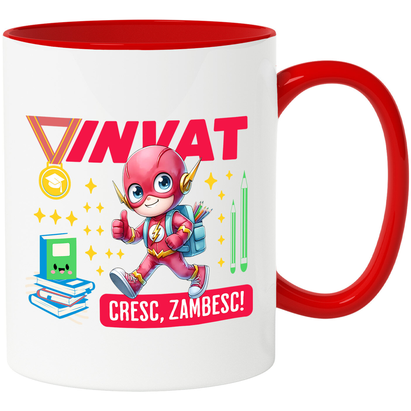 Desene Animate - Cana Cu Cu Flash, Cresc și Învaț Din Cărți Ceramica, 330ML, cu Maner Rosu