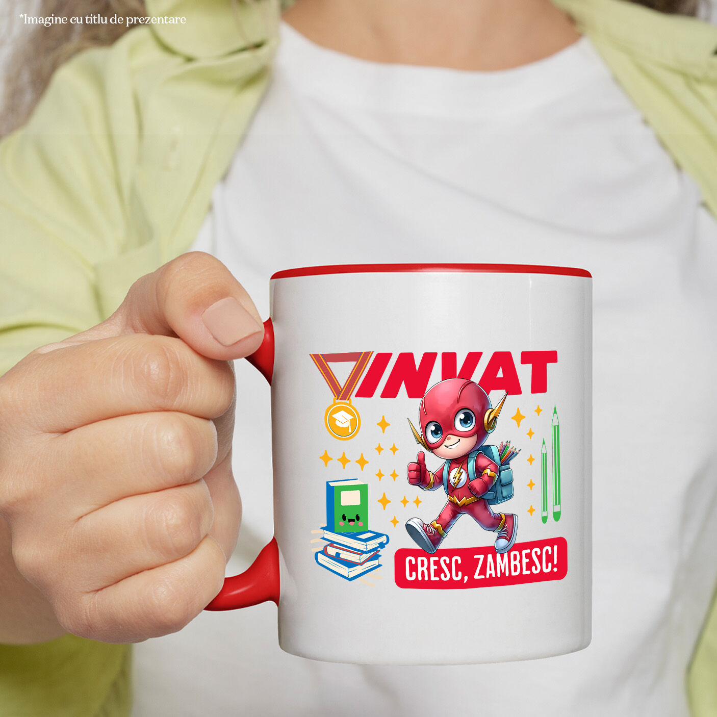 Cana Cu Cu Flash, Cresc și Învaț Din Cărți Ceramica, 330ML, cu Maner Rosu [1]