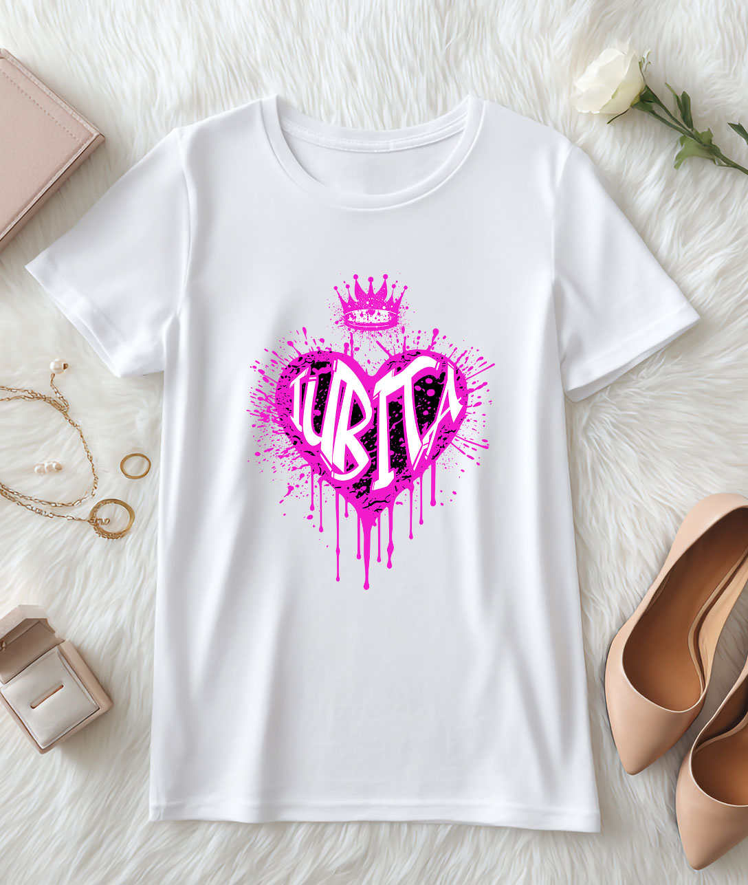 Tricou Femei, Barbati, Copii, Fata, Baiat, Unisex Personalizat Cadou personalizat pentru iubita - Inima Stil Graffiti cu Coroana, Valentine's Day [2]