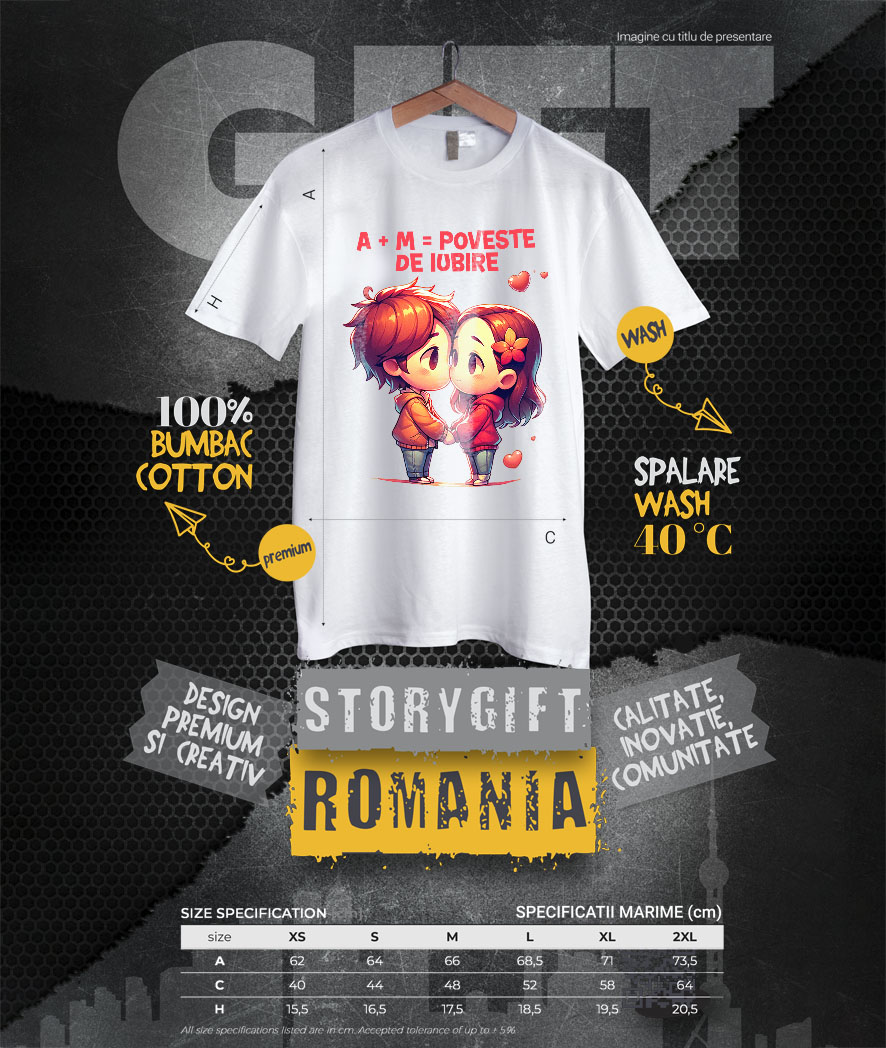 Tricou Femei, Barbati, Copii, Fata, Baiat, Unisex Personalizat Cadou Personalizat Cuplu Iubire cu Text „A+M= Poveste de Iubire” pentru Valentine's Day [3]