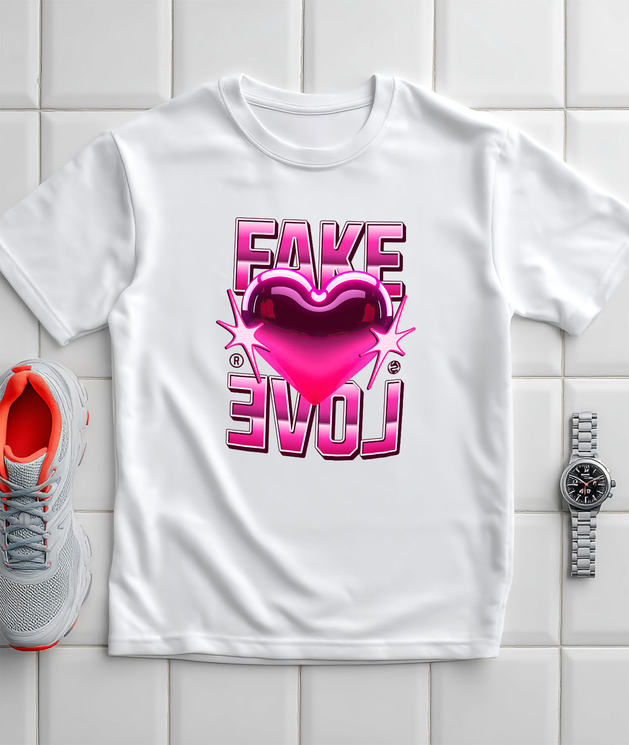 Tricou Femei, Barbati, Copii, Fata, Baiat, Unisex Personalizat Inimă Strălucitoare Roz cu Mesaj „Fake Love” – Cadou Personalizat pentru Valentine's Day [2]