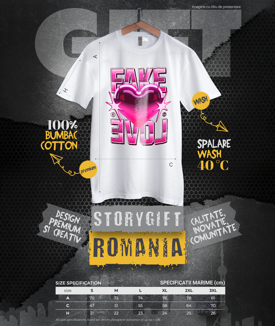 Tricou Femei, Barbati, Copii, Fata, Baiat, Unisex Personalizat Inimă Strălucitoare Roz cu Mesaj „Fake Love” – Cadou Personalizat pentru Valentine's Day [3]