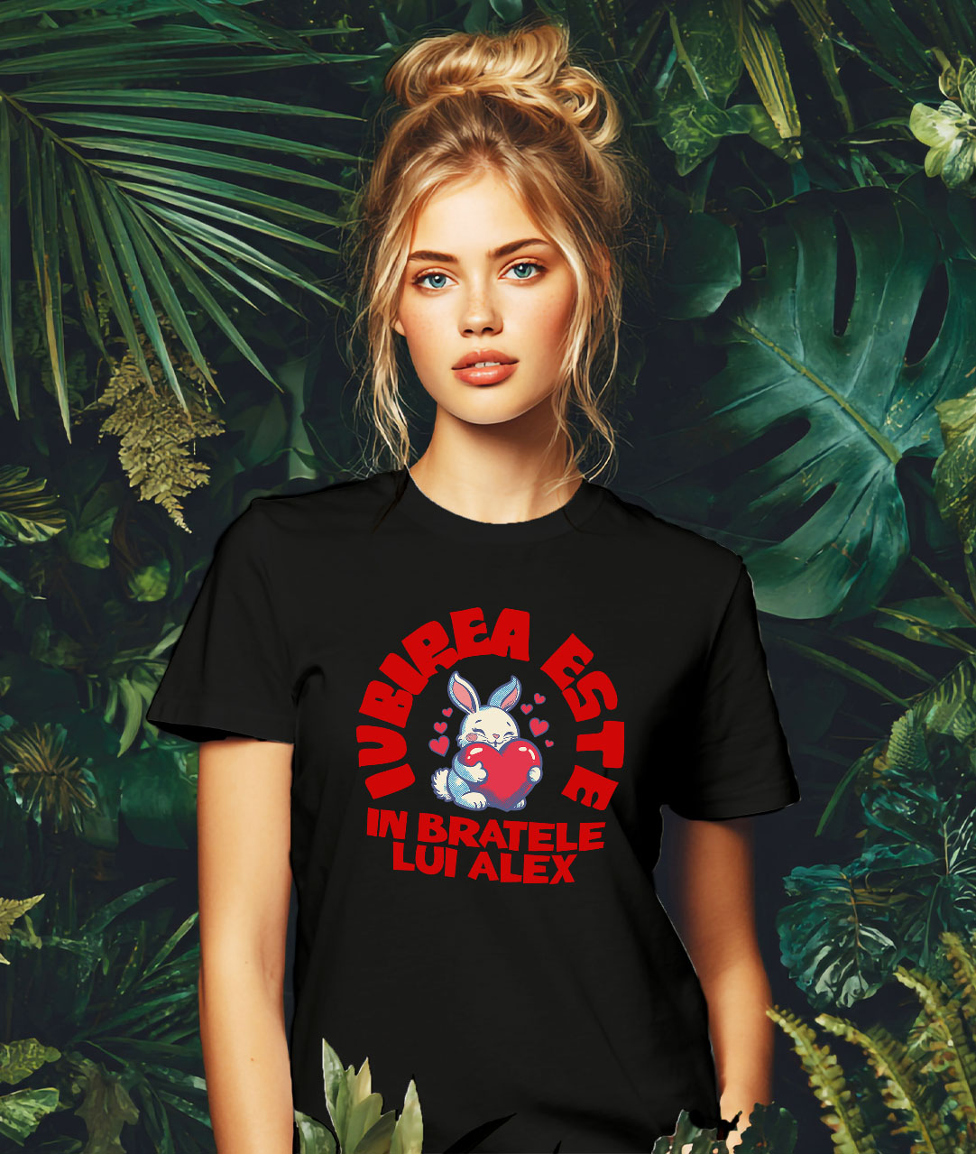 Tricou Femei, Barbati, Copii, Fata, Baiat, Unisex Personalizat Iepuraș cu Inimă Roșie și Mesaj „Iubirea este doar în brațele lui Alex” – Cadou Personalizat [1]