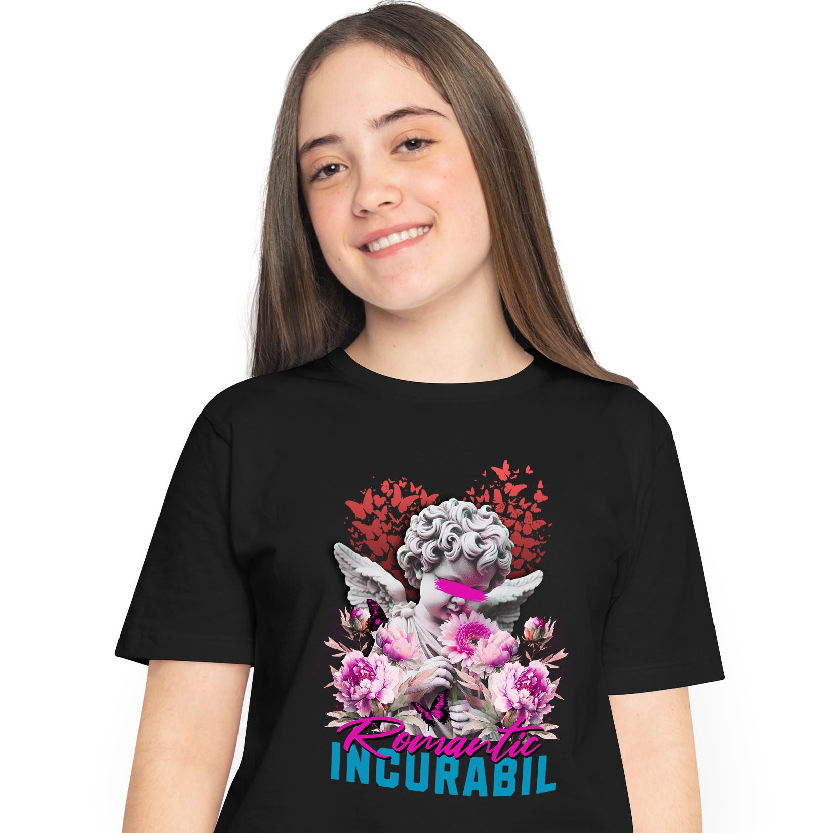 Tricou Femei, Barbati, Copii, Fata, Baiat, Unisex Personalizat Statuie Înger Copil cu Flori Roz și Mesaj „Romantic Incurabil” – Cadou Personalizat