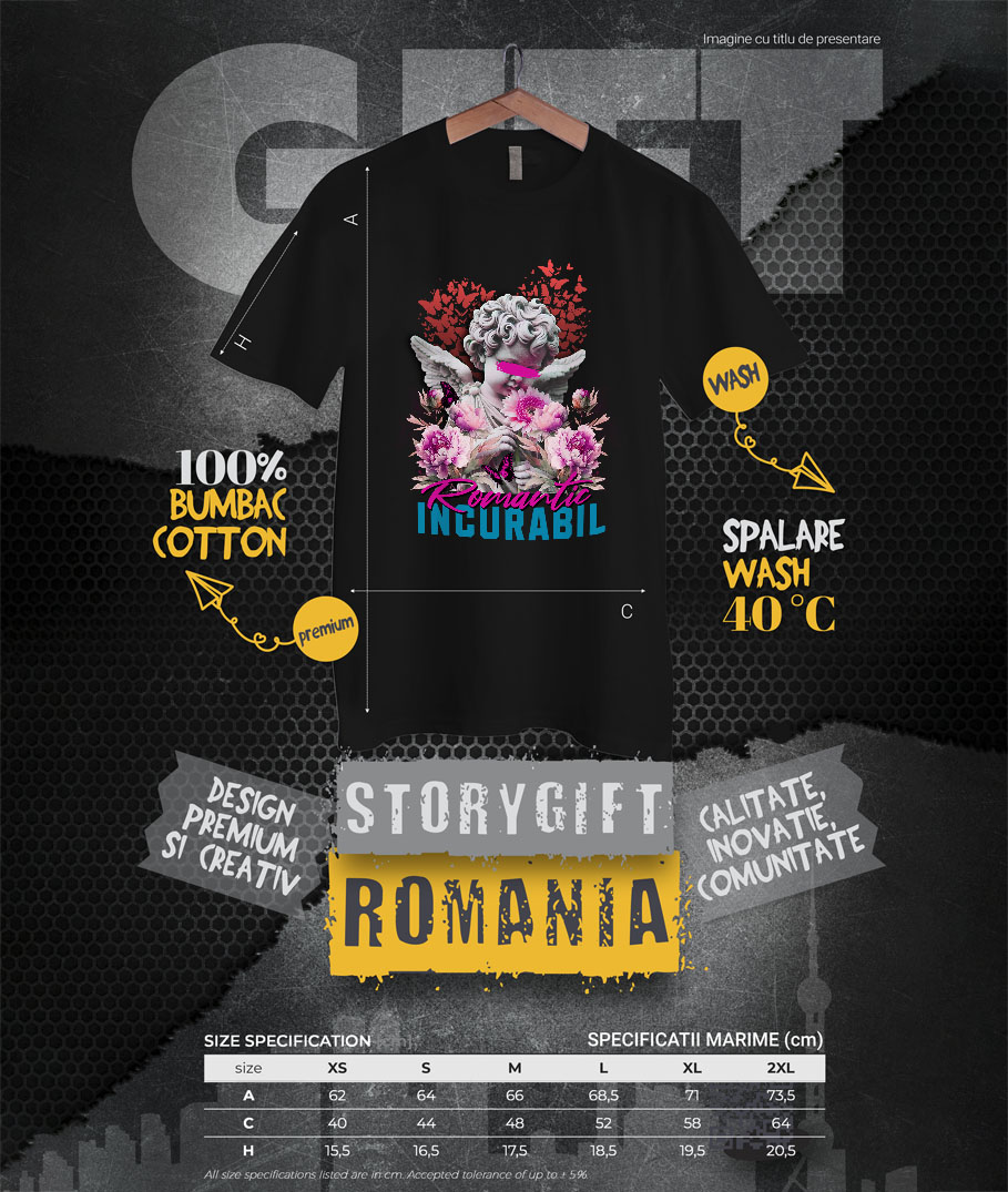 Tricou Femei, Barbati, Copii, Fata, Baiat, Unisex Personalizat Statuie Înger Copil cu Flori Roz și Mesaj „Romantic Incurabil” – Cadou Personalizat [3]