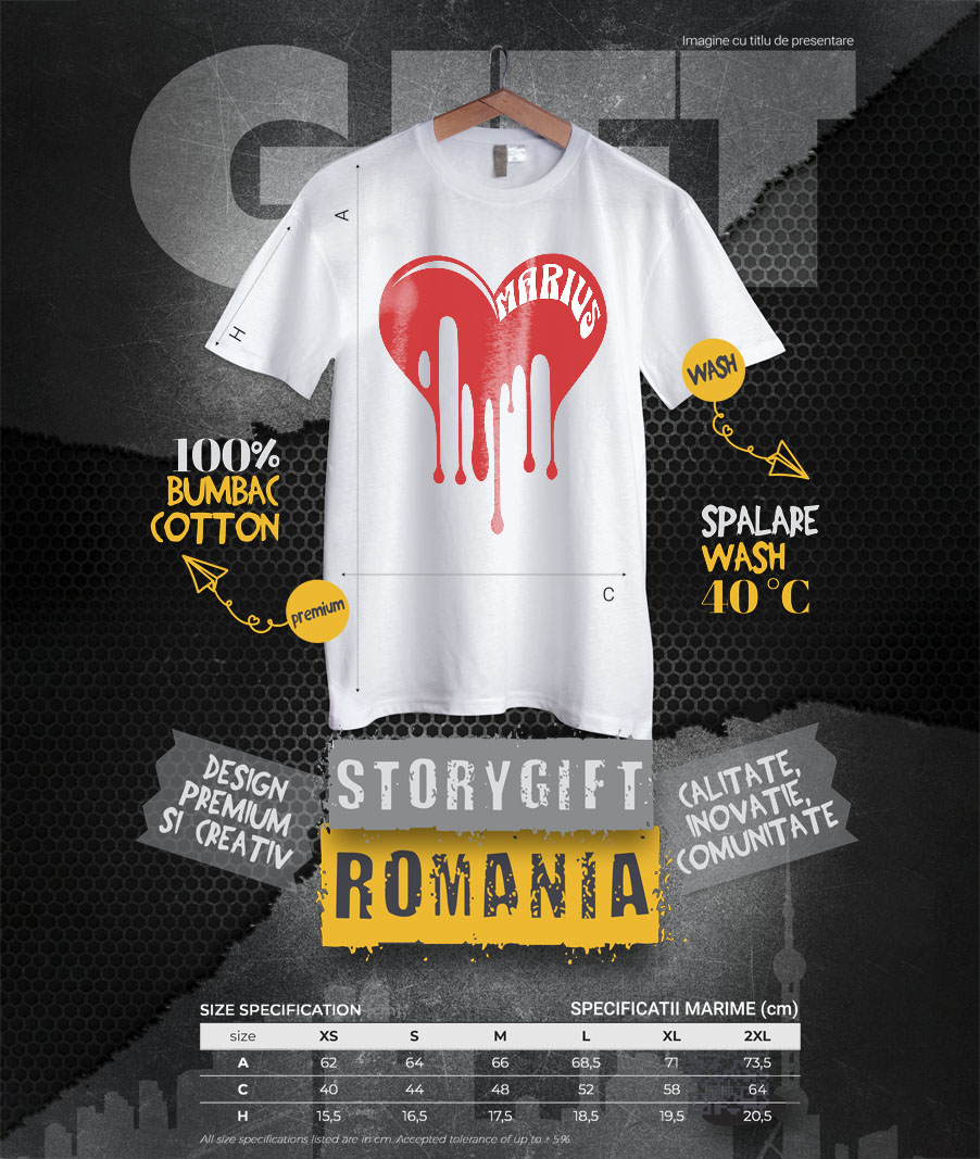 Tricou Femei, Barbati, Copii, Fata, Baiat, Unisex Personalizat Inimă Curgătoare cu Nume „Marius” – Cadou Personalizat de Valentine's Day pentru Iubitul Tău [3]