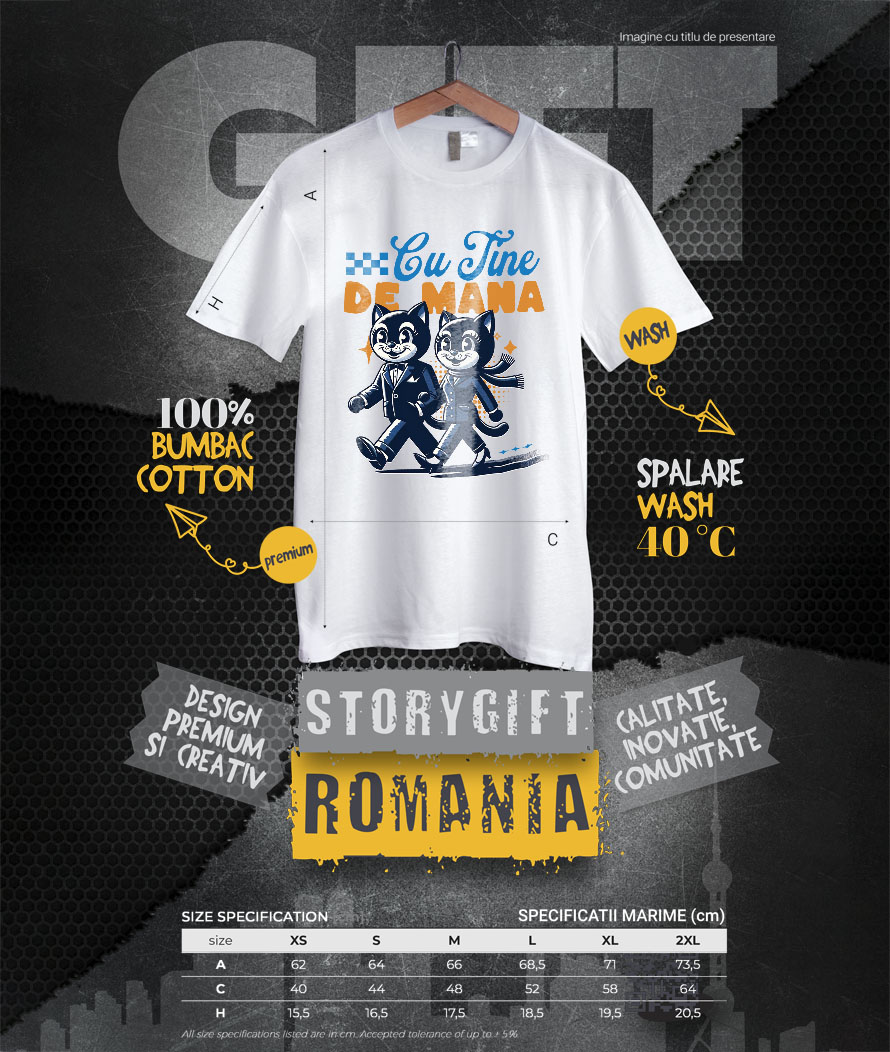 Tricou Femei, Barbati, Copii, Fata, Baiat, Unisex Personalizat Cuplu Pisici Vesele cu Mesaj „Cu Tine de Mână, Iubire Dragoste” – Cadou Personalizat pentru Valentine's Day [3]