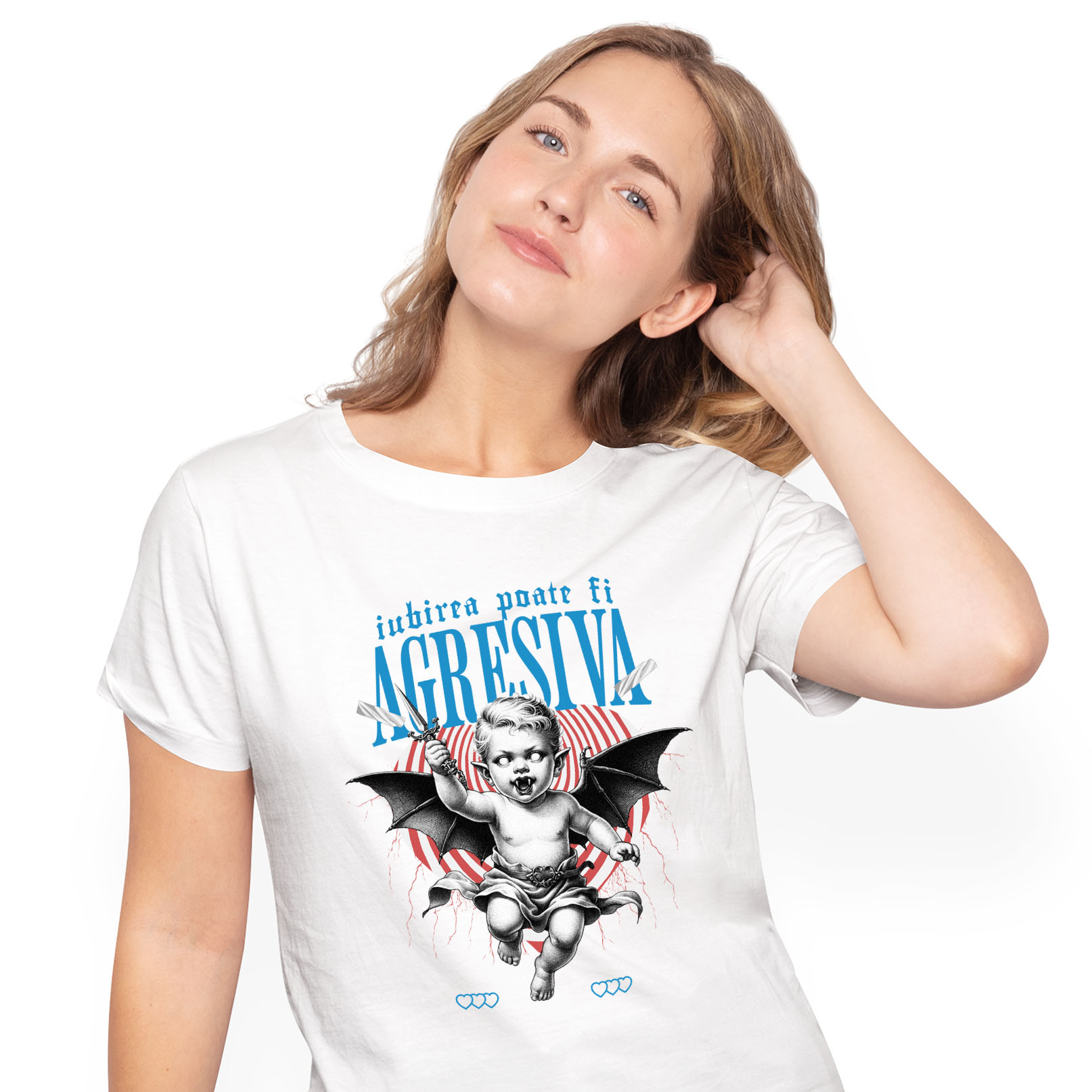 Tricou Femei, Barbati, Copii, Fata, Baiat, Unisex Personalizat Bebe cu Aripi de Diavol și Cuțit – Cadou Personalizat „Iubirea Poate Fi Agresivă” pentru Valentine's Day