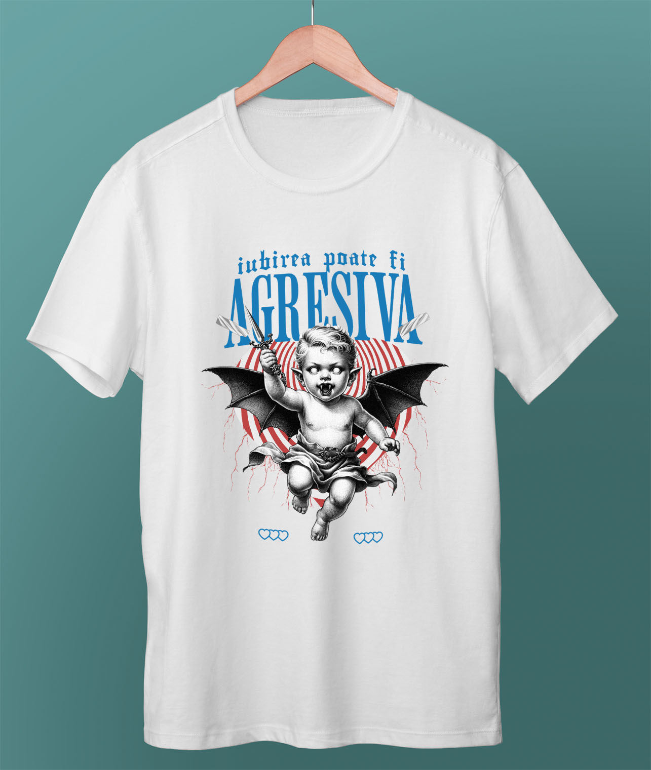 Tricou Femei, Barbati, Copii, Fata, Baiat, Unisex Personalizat Bebe cu Aripi de Diavol și Cuțit – Cadou Personalizat „Iubirea Poate Fi Agresivă” pentru Valentine's Day [2]