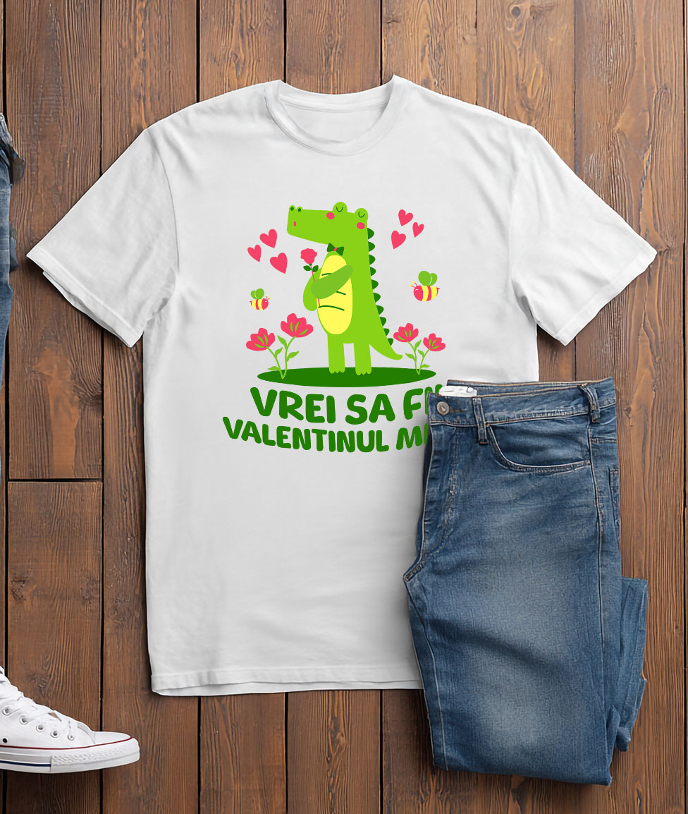 Tricou Femei, Barbati, Copii, Fata, Baiat, Unisex Personalizat „Crocodil Romantic Cu Trandafir Roz Si Papion - Cadou Personalizat „Vrei Sa Fii Valentinul Meu?” pentru Familie, Copii și Prieteni” [2]
