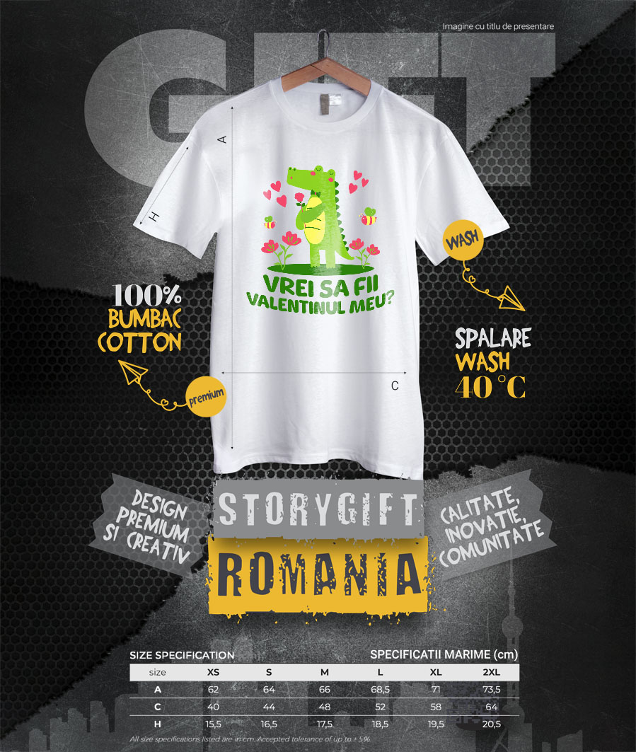 Tricou Femei, Barbati, Copii, Fata, Baiat, Unisex Personalizat „Crocodil Romantic Cu Trandafir Roz Si Papion - Cadou Personalizat „Vrei Sa Fii Valentinul Meu?” pentru Familie, Copii și Prieteni” [3]