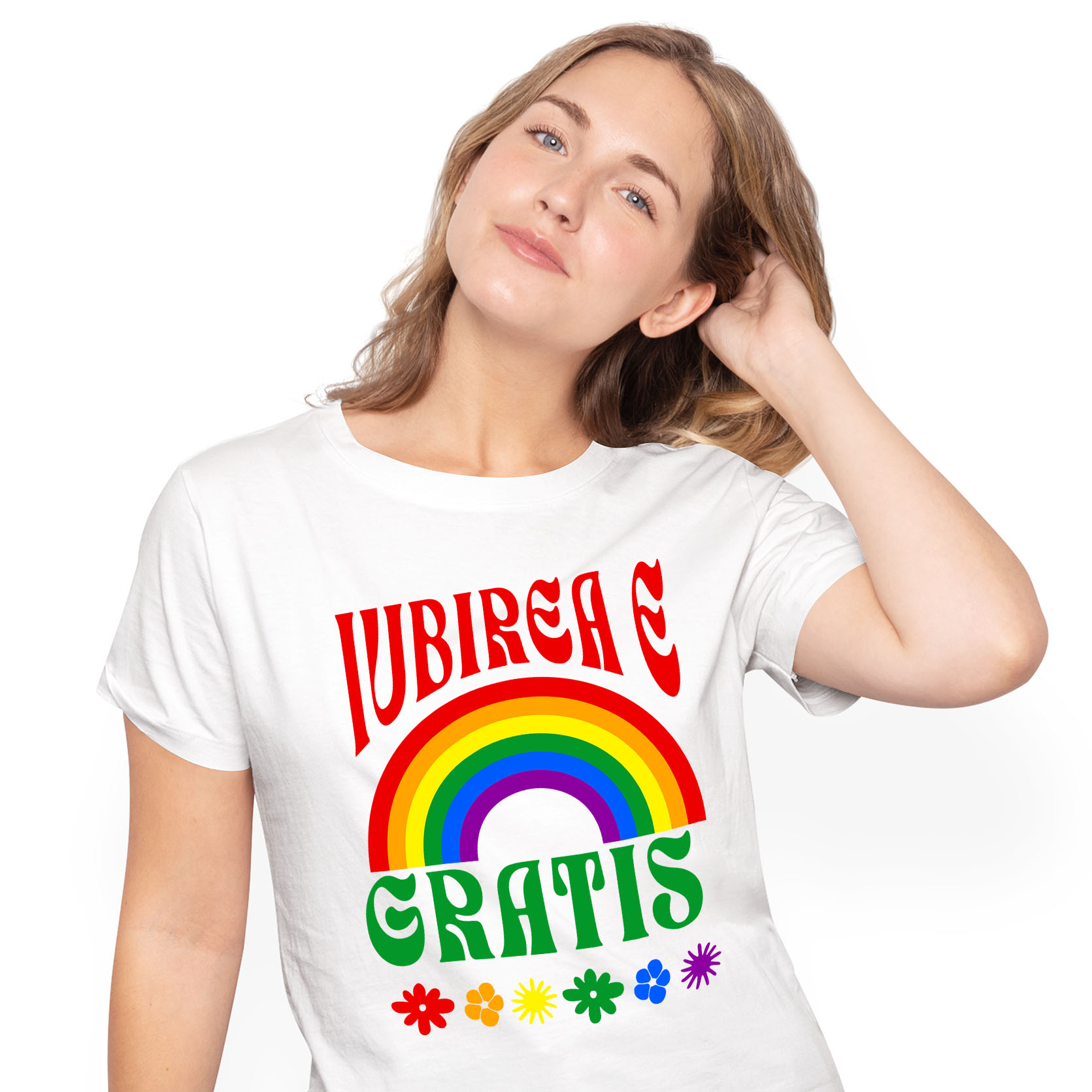 Tricou Femei, Barbati, Copii, Fata, Baiat, Unisex Personalizat „Curcubeu Multicolor Flori Colorate - Cadou Personalizat „Iubirea E Gratis” pentru Copii, Familie și Prieteni”