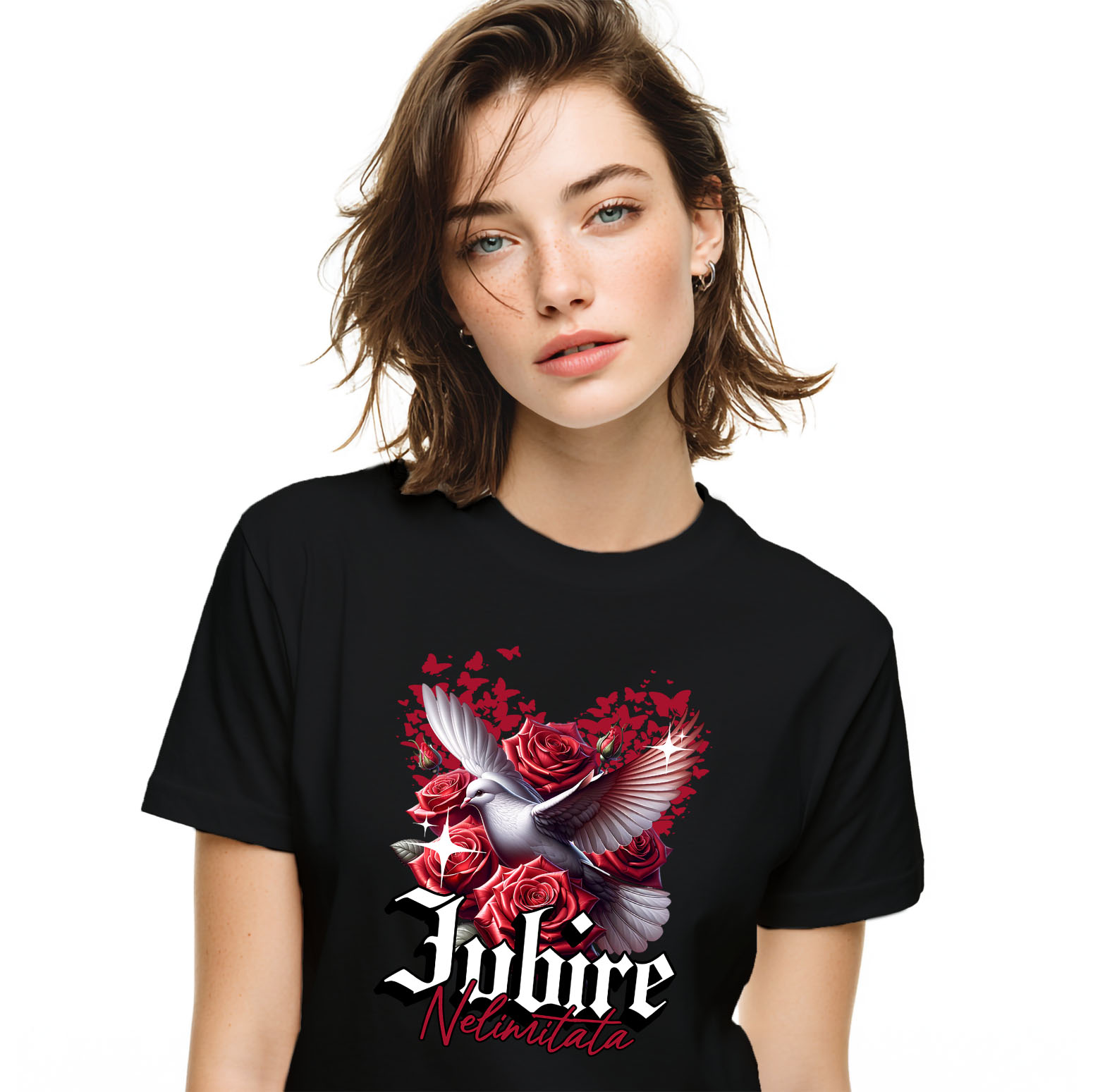 Tricou Femei, Barbati, Copii, Fata, Baiat, Unisex Personalizat „Porumbel Alb Trandafiri Roșii - Cadou Personalizat „Iubire Nelimitată” pentru Ziua Îndrăgostiților, Familie, Copii și Prieteni”