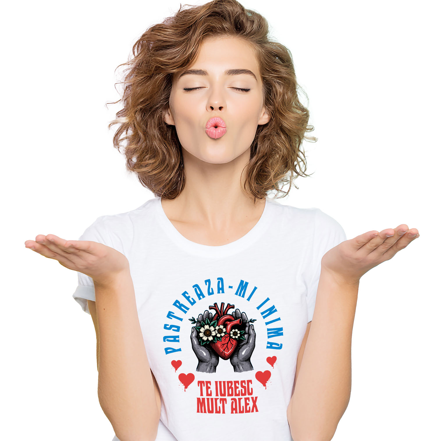 Tricou Femei, Barbati, Copii, Fata, Baiat, Unisex Personalizat „Inima Cu Flori Albe în Mâini Umane - Cadou Personalizat „Păstrează-ți Inima, Te Iubesc Mult Alex” pentru Familie, Copii și Prieteni”