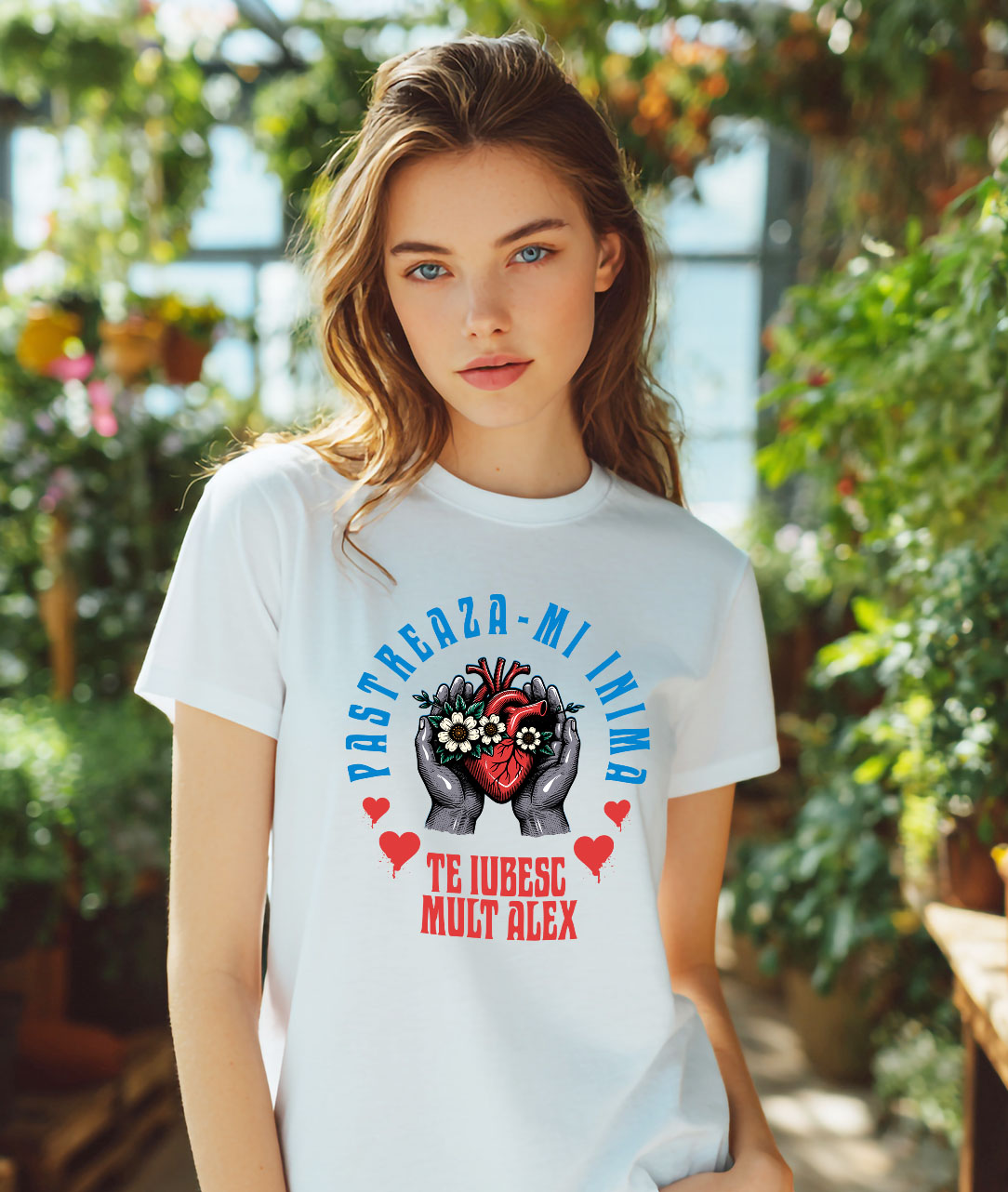 Tricou Femei, Barbati, Copii, Fata, Baiat, Unisex Personalizat „Inima Cu Flori Albe în Mâini Umane - Cadou Personalizat „Păstrează-ți Inima, Te Iubesc Mult Alex” pentru Familie, Copii și Prieteni” [1]