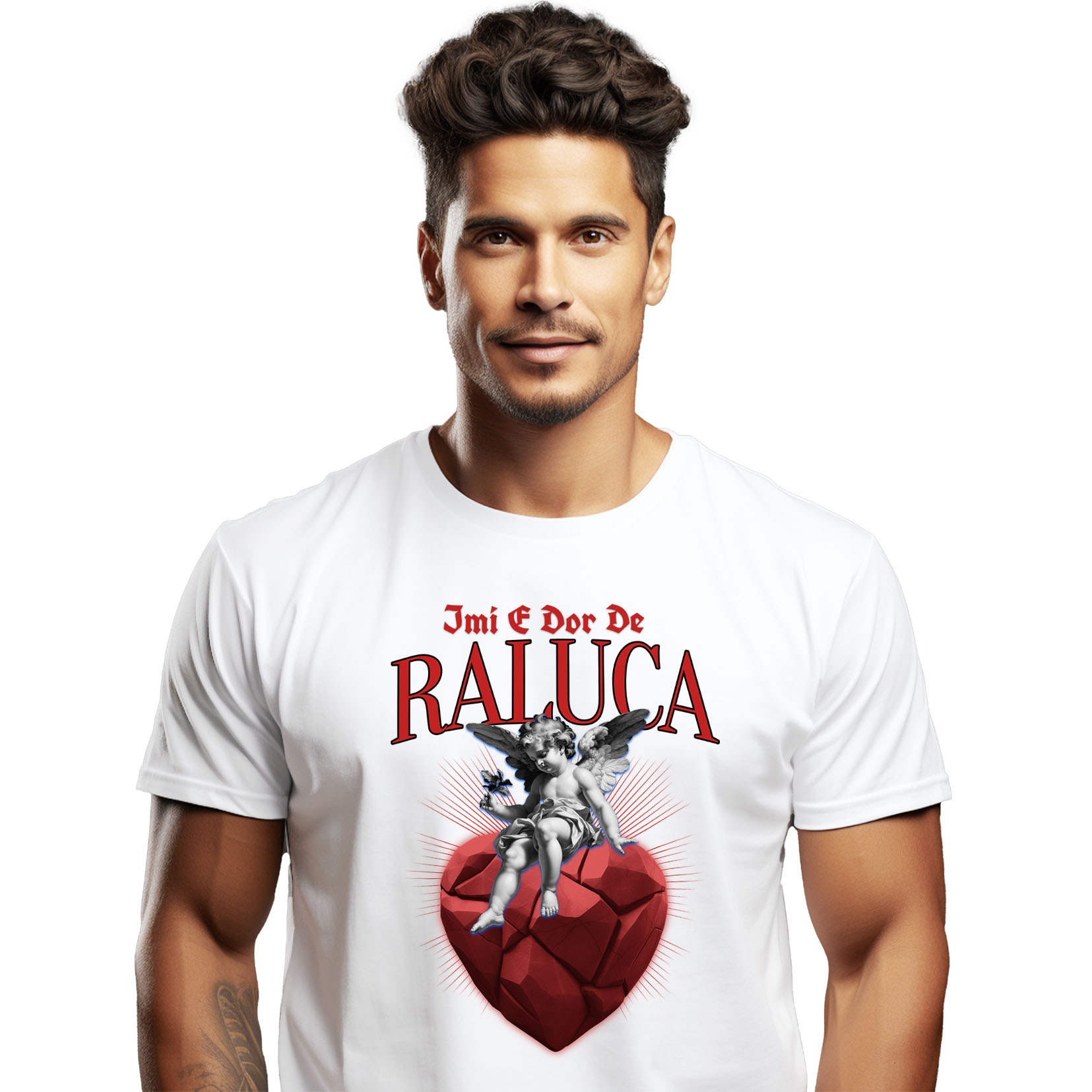 Tricou Femei, Barbati, Copii, Fata, Baiat, Unisex Personalizat „Înger Cu Aripi Și Flori pe Inima DE Piatra - Cadou Personalizat „Îmi e Dor de Raluca” pentru Familie, Copii și Prieteni”