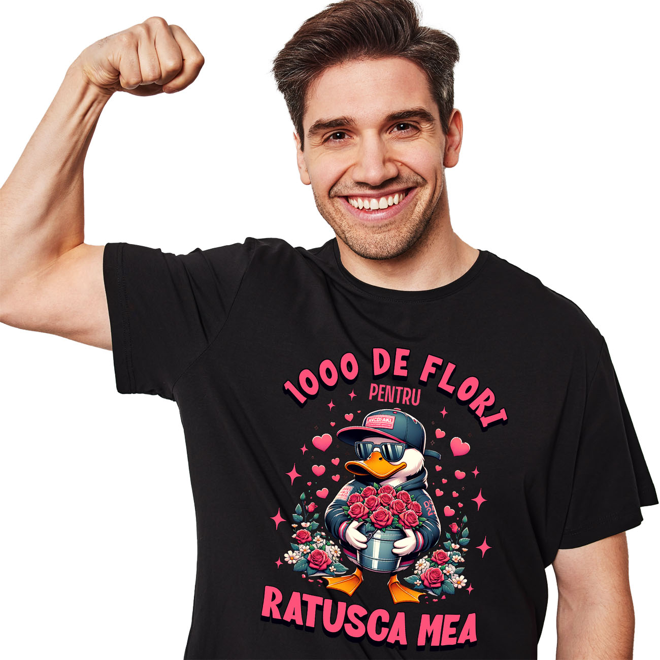 Tricou Femei, Barbati, Copii, Fata, Baiat, Unisex Personalizat „Rață Albă Cu Buchet de Trandafiri - Cadou Haios „1000 De Flori Pentru Rață mea” pentru Familie, Copii și Prieteni”