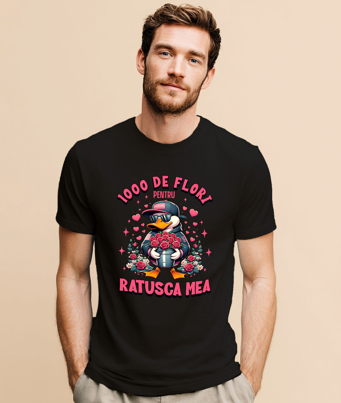 Tricou Femei, Barbati, Copii, Fata, Baiat, Unisex Personalizat „Rață Albă Cu Buchet de Trandafiri - Cadou Haios „1000 De Flori Pentru Rață mea” pentru Familie, Copii și Prieteni” [1]