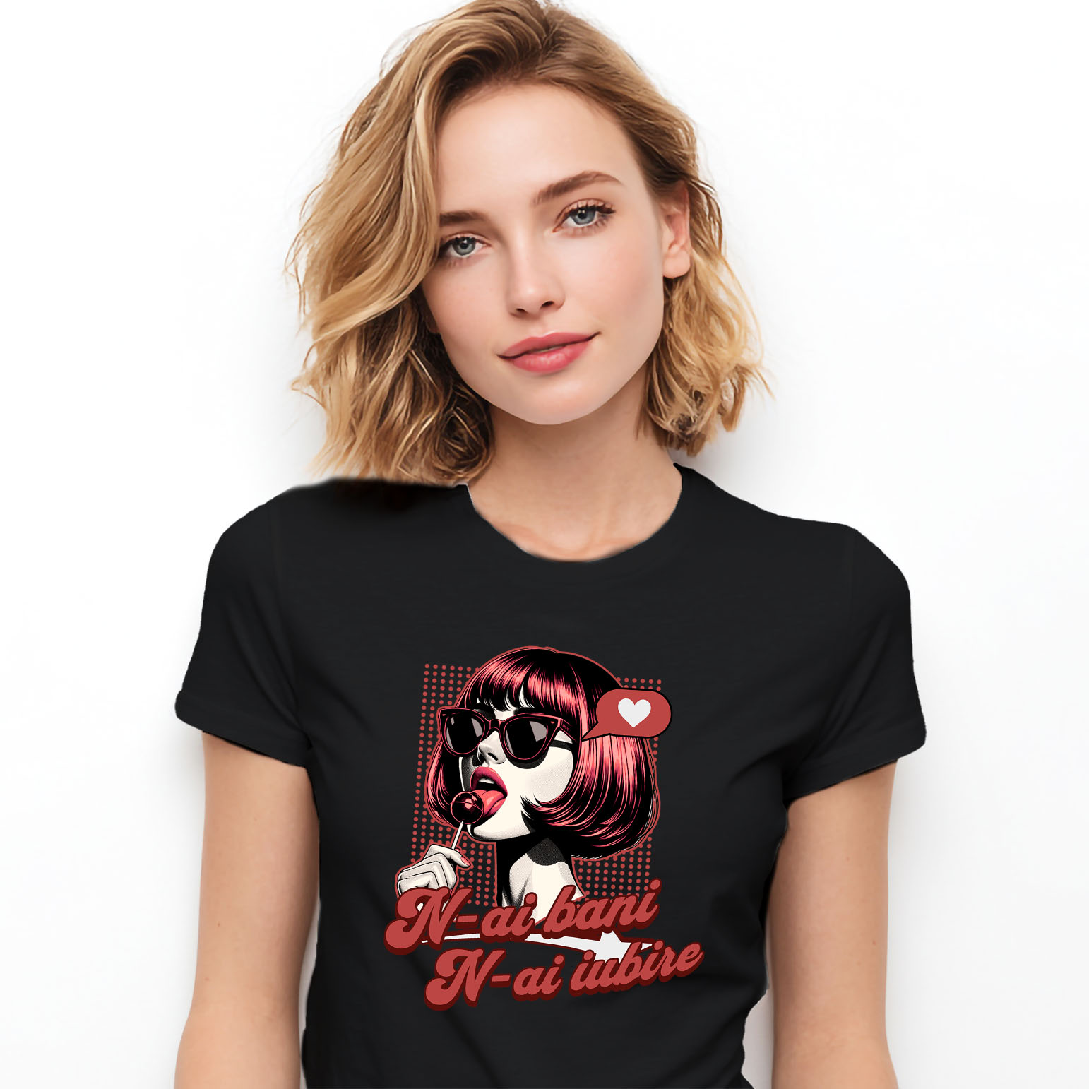 Tricou Femei, Barbati, Copii, Fata, Baiat, Unisex Personalizat „Fată Stil Retro Cu Acadea și Ochelari De Soare - Cadou Personalizat „N-ai Bani, N-ai Iubire” pentru Familie, Copii și Prieteni de Valentine's Day”