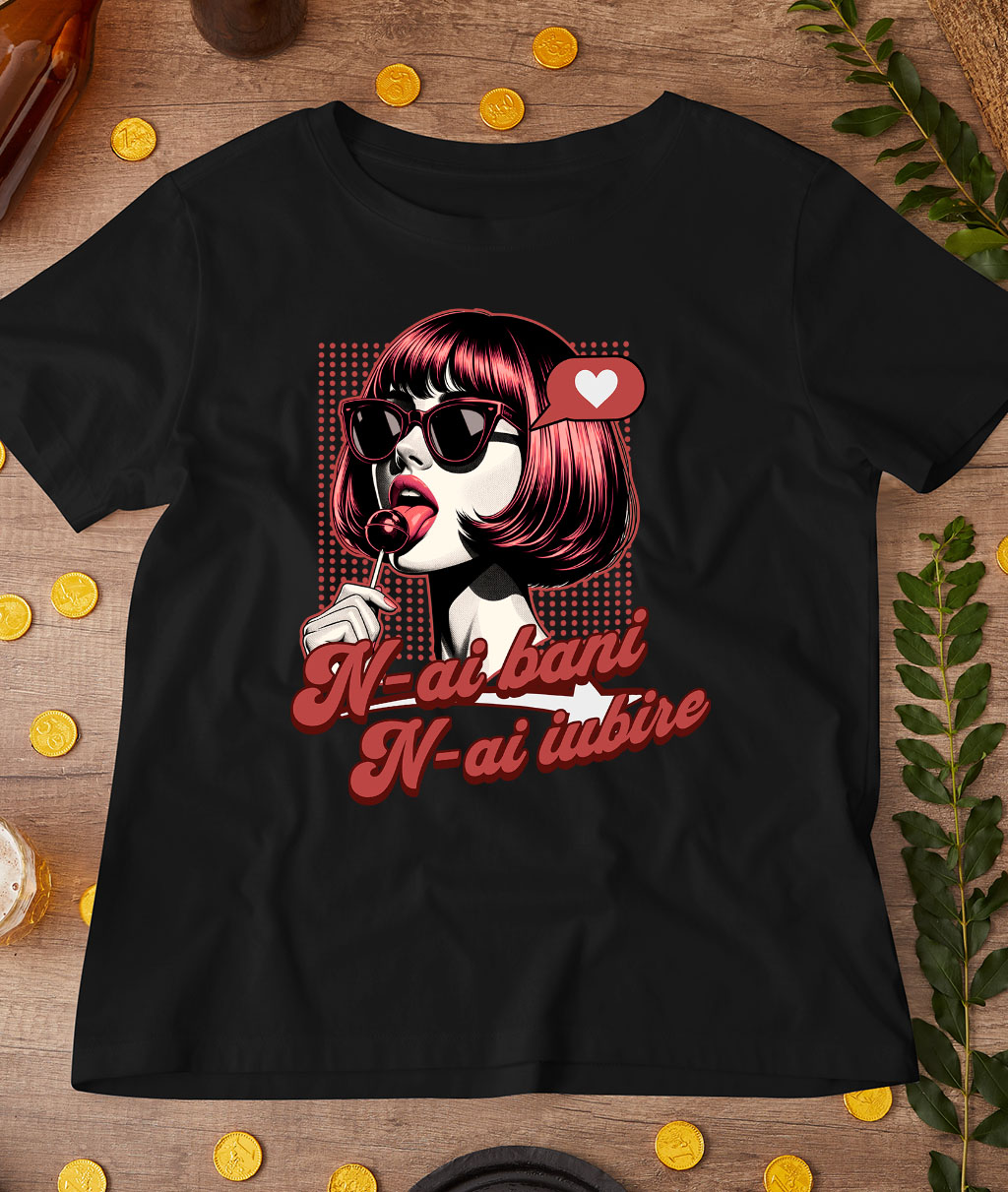 Tricou Femei, Barbati, Copii, Fata, Baiat, Unisex Personalizat „Fată Stil Retro Cu Acadea și Ochelari De Soare - Cadou Personalizat „N-ai Bani, N-ai Iubire” pentru Familie, Copii și Prieteni de Valentine's Day” [2]