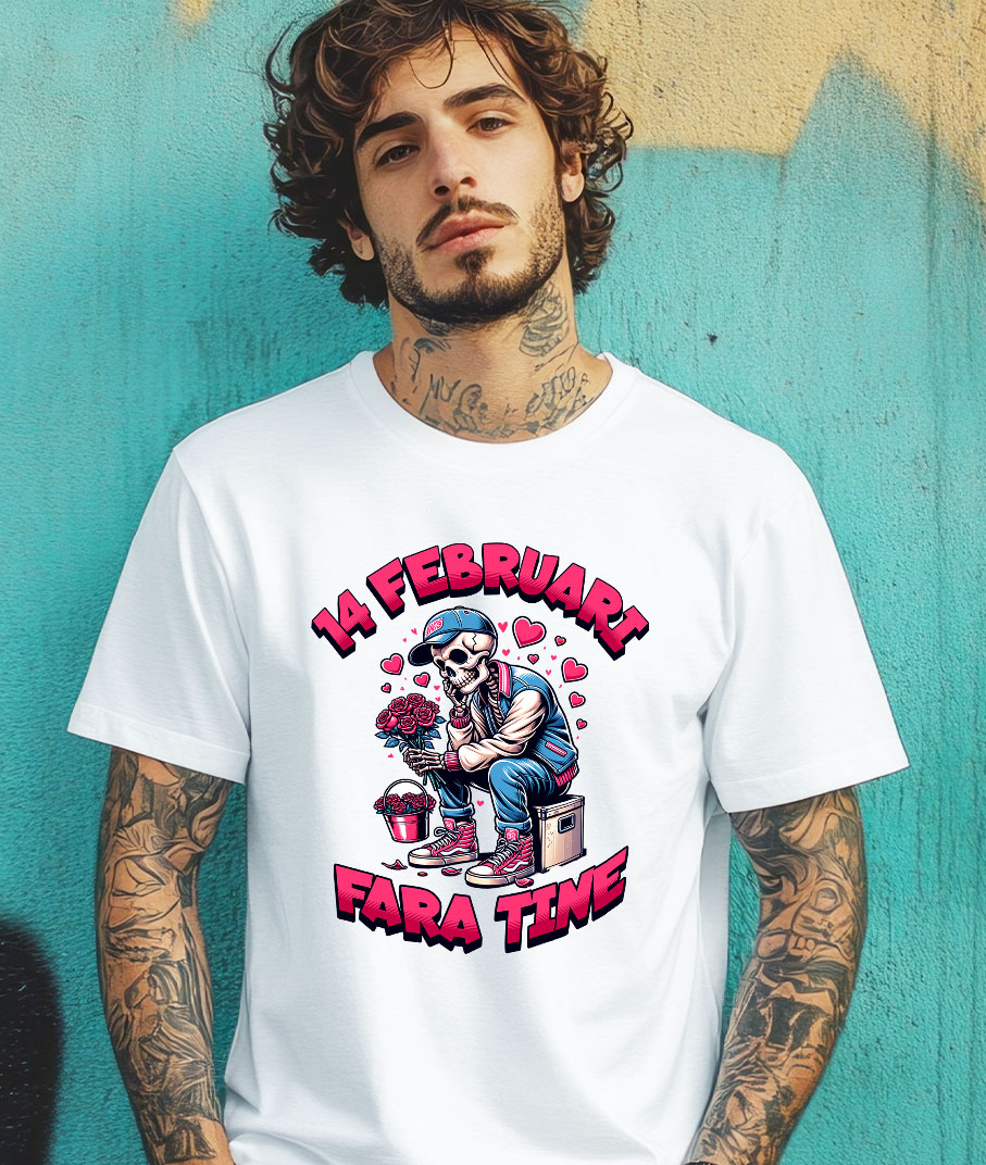 Tricou Femei, Barbati, Copii, Fata, Baiat, Unisex Personalizat „Schelete Cu Buchet De Flori Trist - Cadou Personalizat „14 Februarie Fără Tine, Dragoste” pentru Familie, Copii și Prieteni de Valentine's Day” [1]