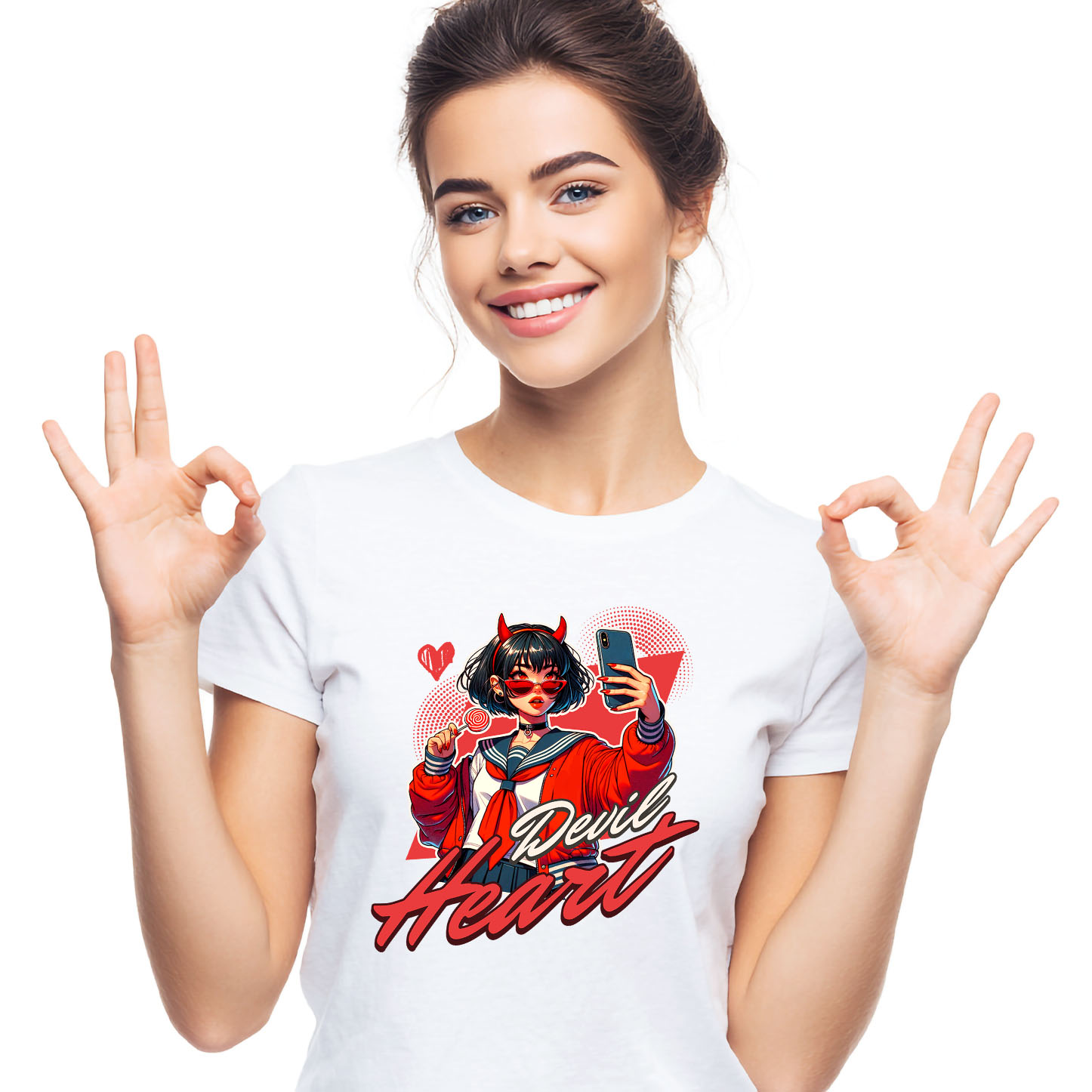 Tricou Femei, Barbati, Copii, Fata, Baiat, Unisex Personalizat „Fată Stil Anime Cu Acadea și Selfie - Cadou Personalizat „Devil Heart” pentru Familie, Copii și Prieteni”