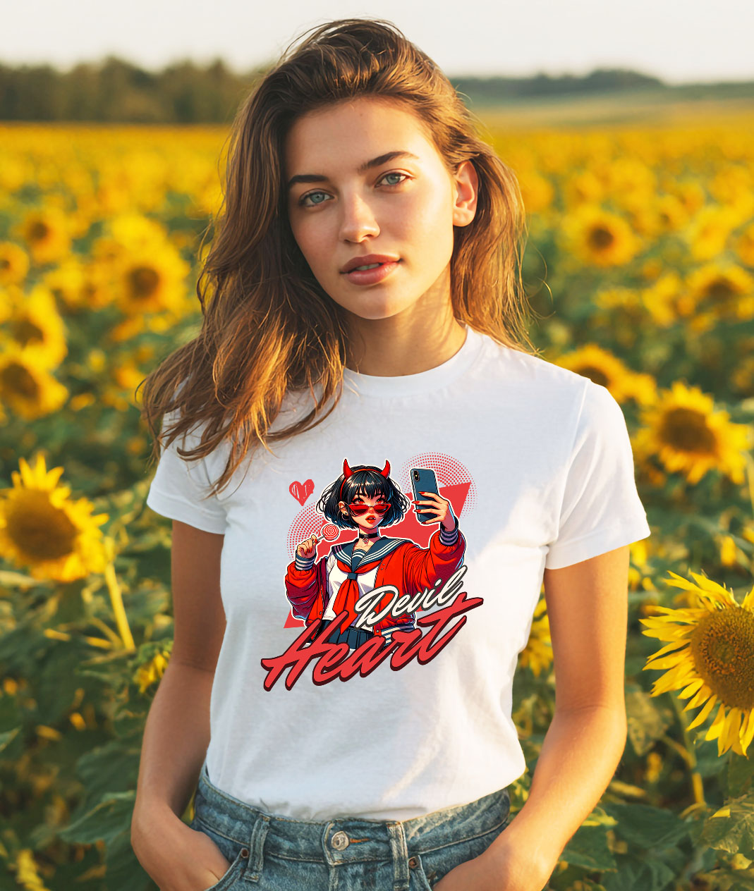 Tricou Femei, Barbati, Copii, Fata, Baiat, Unisex Personalizat „Fată Stil Anime Cu Acadea și Selfie - Cadou Personalizat „Devil Heart” pentru Familie, Copii și Prieteni” [1]