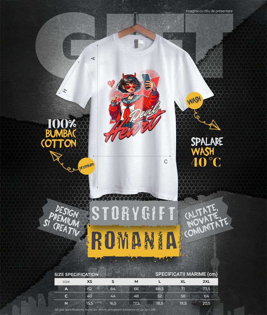 Tricou Femei, Barbati, Copii, Fata, Baiat, Unisex Personalizat „Fată Stil Anime Cu Acadea și Selfie - Cadou Personalizat „Devil Heart” pentru Familie, Copii și Prieteni” [3]