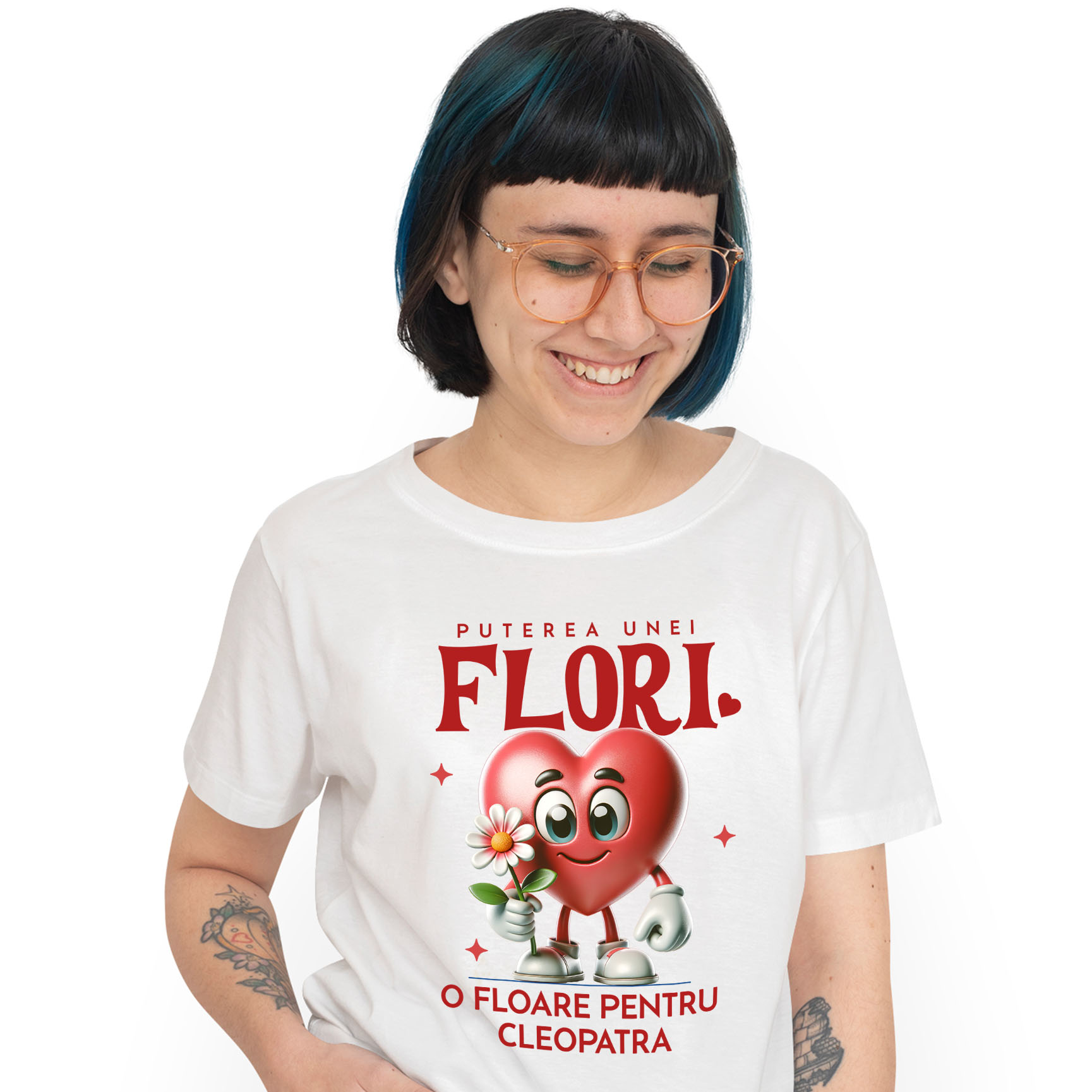 Tricou Femei, Barbati, Copii, Fata, Baiat, Unisex Personalizat „Inima Veselă cu Floare - Cadou Personalizat „Puterea unei Flori” pentru Familie, Copii și Prieteni”
