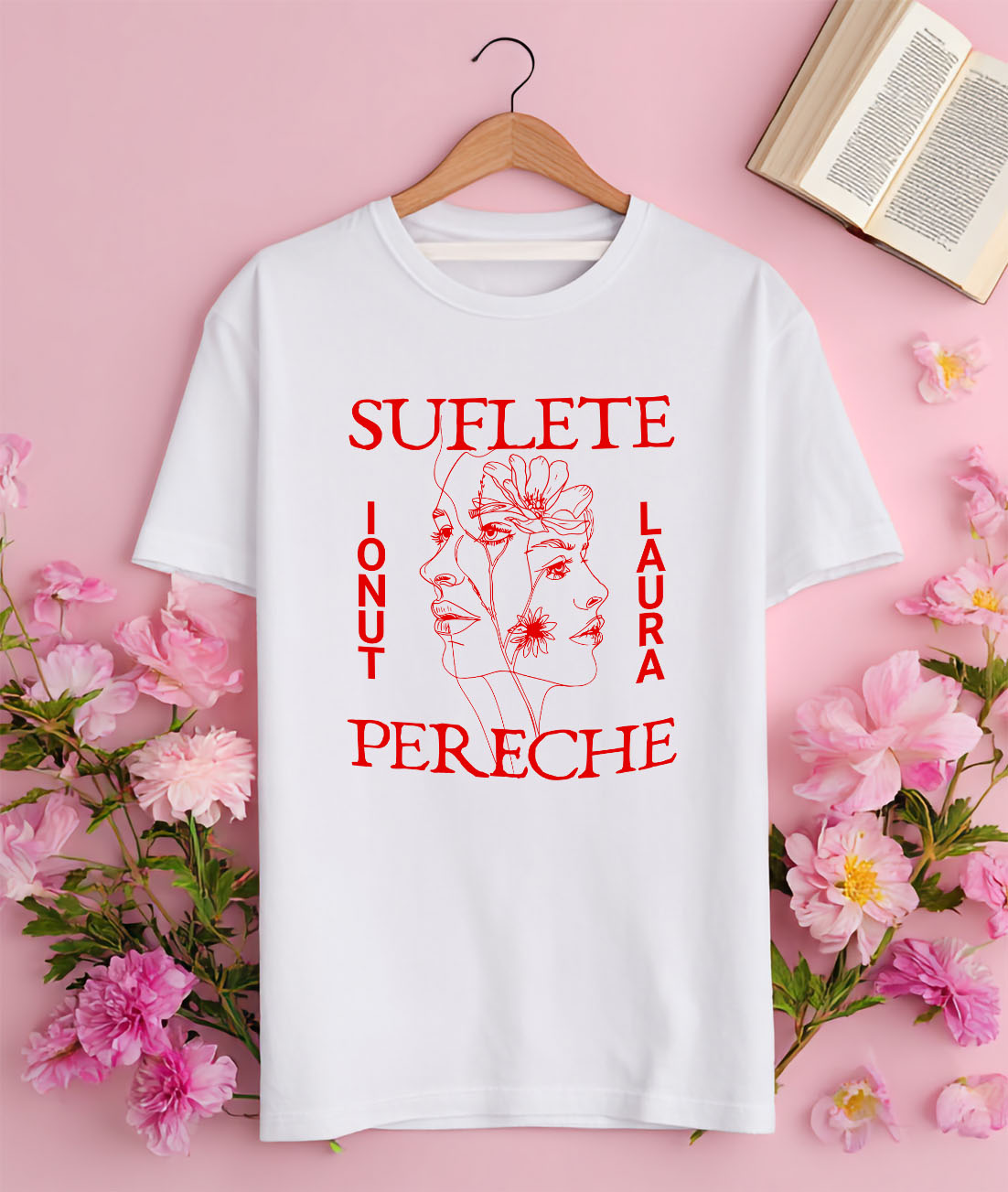 Tricou Femei, Barbati, Copii, Fata, Baiat, Unisex Personalizat „Suflete Pereche Laura Ionut - Cadou Personalizat cu Flori pentru Valentine's Day și Dragobete” [2]