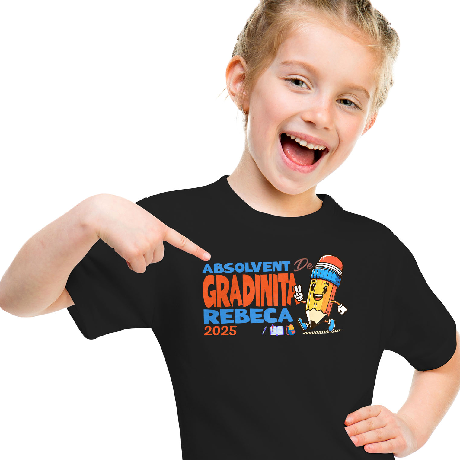 Tricou Femei, Barbati, Copii, Fata, Baiat, Unisex Personalizat Creion Vesel cu Semnul Păcii și Text Personalizat „Absolvent Grădiniță Rebeca” - Cadou Educațional pentru Copii [1]