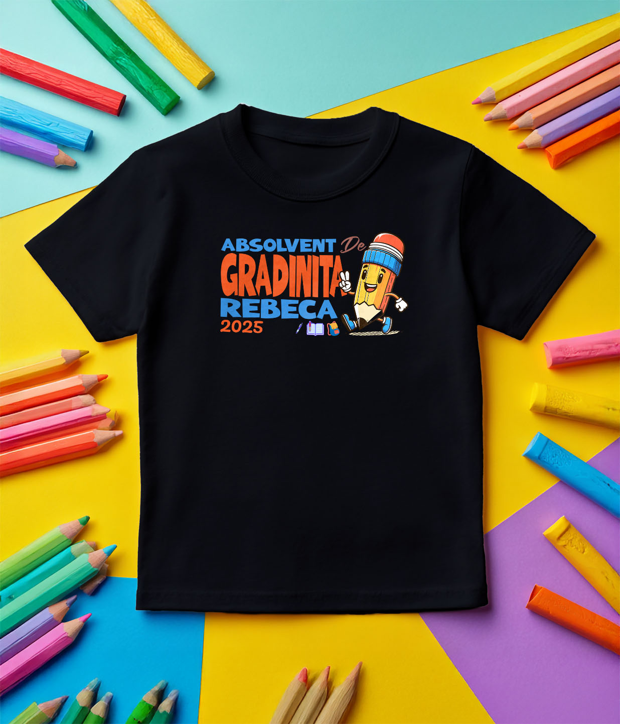 Tricou Femei, Barbati, Copii, Fata, Baiat, Unisex Personalizat Creion Vesel cu Semnul Păcii și Text Personalizat „Absolvent Grădiniță Rebeca” - Cadou Educațional pentru Copii [4]