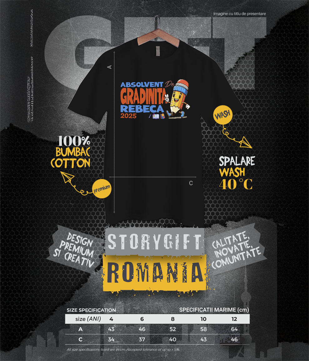 Tricou Femei, Barbati, Copii, Fata, Baiat, Unisex Personalizat Creion Vesel cu Semnul Păcii și Text Personalizat „Absolvent Grădiniță Rebeca” - Cadou Educațional pentru Copii [5]