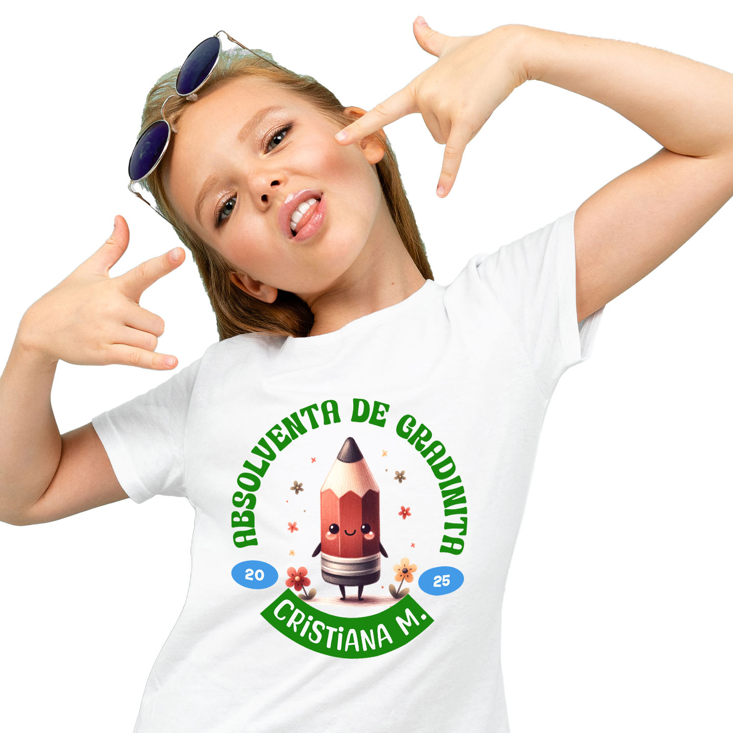 Educatie - Tricou Femei, Barbati, Copii, Fata, Baiat, Unisex Personalizat Creion Ascuțit Vesel cu Flori Colorate și Text Personalizat „Absolvent de Grădiniță Cristiana M” - Cadou Educativ pentru Copii