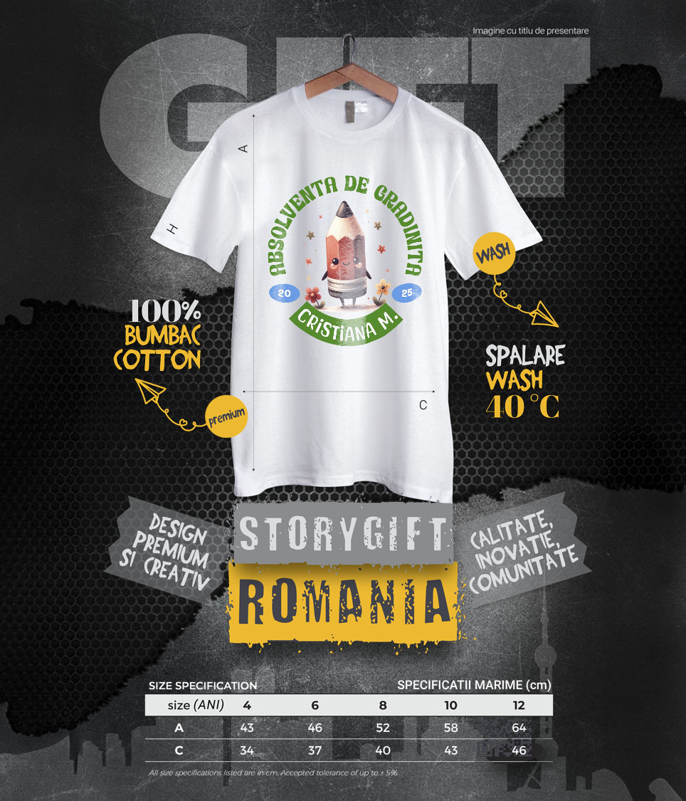 Tricou Femei, Barbati, Copii, Fata, Baiat, Unisex Personalizat Creion Ascuțit Vesel cu Flori Colorate și Text Personalizat „Absolvent de Grădiniță Cristiana M” - Cadou Educativ pentru Copii [5]