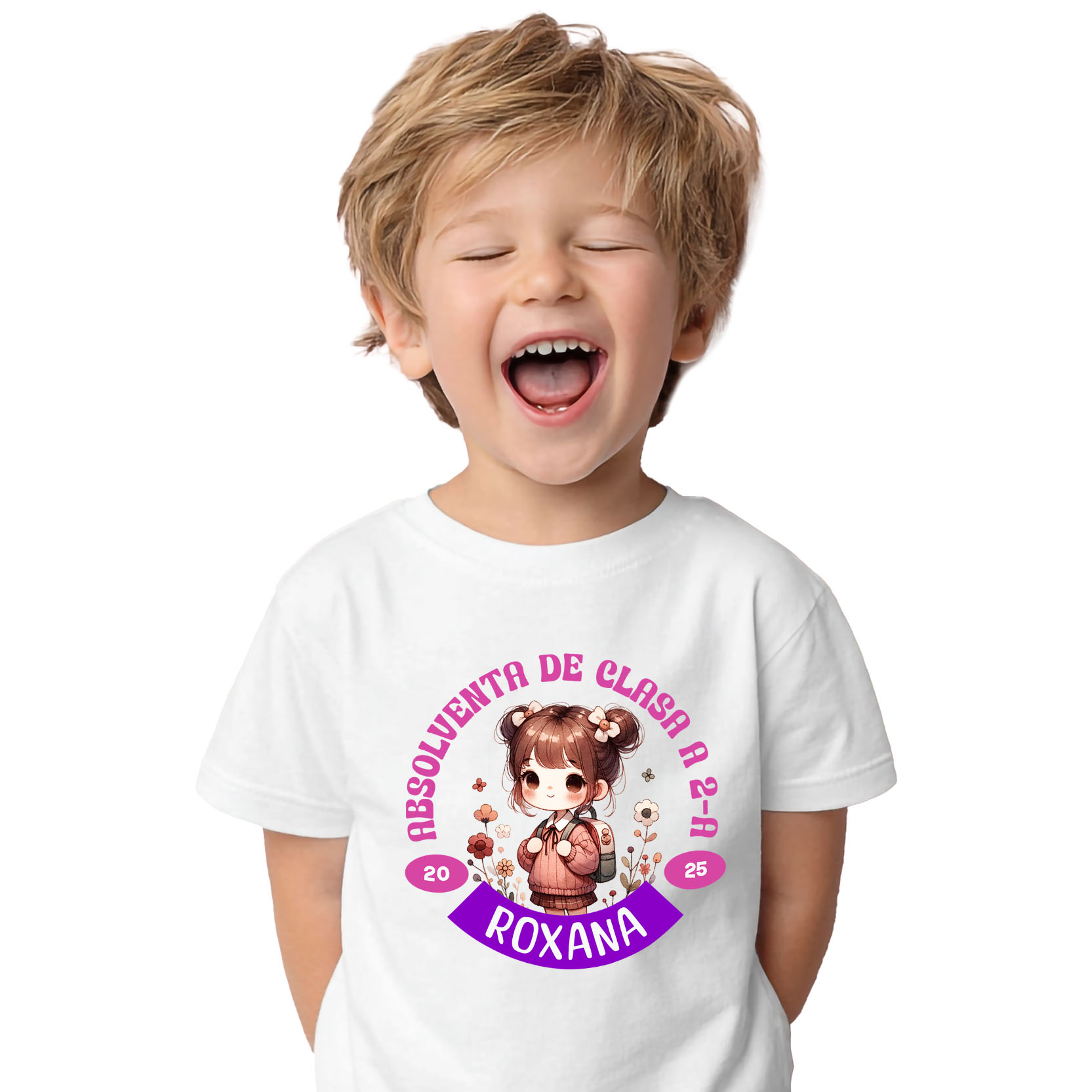 Tricou Femei, Barbati, Copii, Fata, Baiat, Unisex Personalizat Fată Școlăriță cu Breton și Rucsac Personalizat „Absolvent de Clasa a 2-a Roxana” - Cadou Educațional [1]