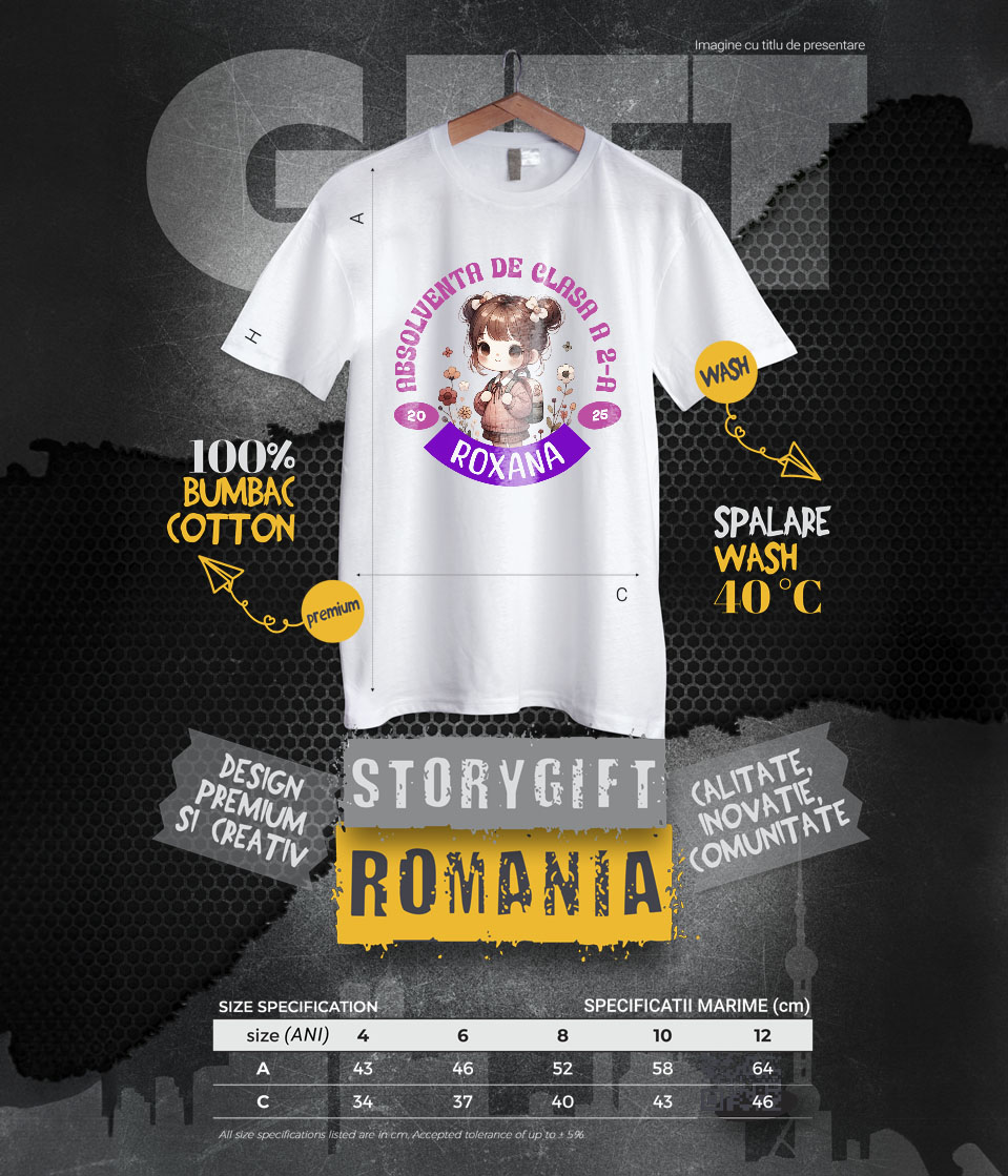 Tricou Femei, Barbati, Copii, Fata, Baiat, Unisex Personalizat Fată Școlăriță cu Breton și Rucsac Personalizat „Absolvent de Clasa a 2-a Roxana” - Cadou Educațional [5]