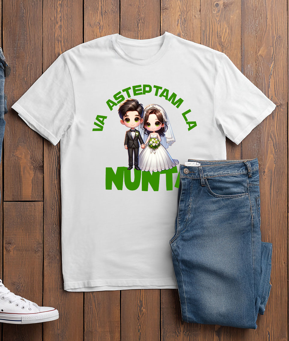 Tricou Femei, Barbati, Copii, Fata, Baiat, Unisex Personalizat Cadou Personalizat „Va Așteptăm La Nuntă” | Cuplu Fericit pentru Invitații la Nuntă [2]