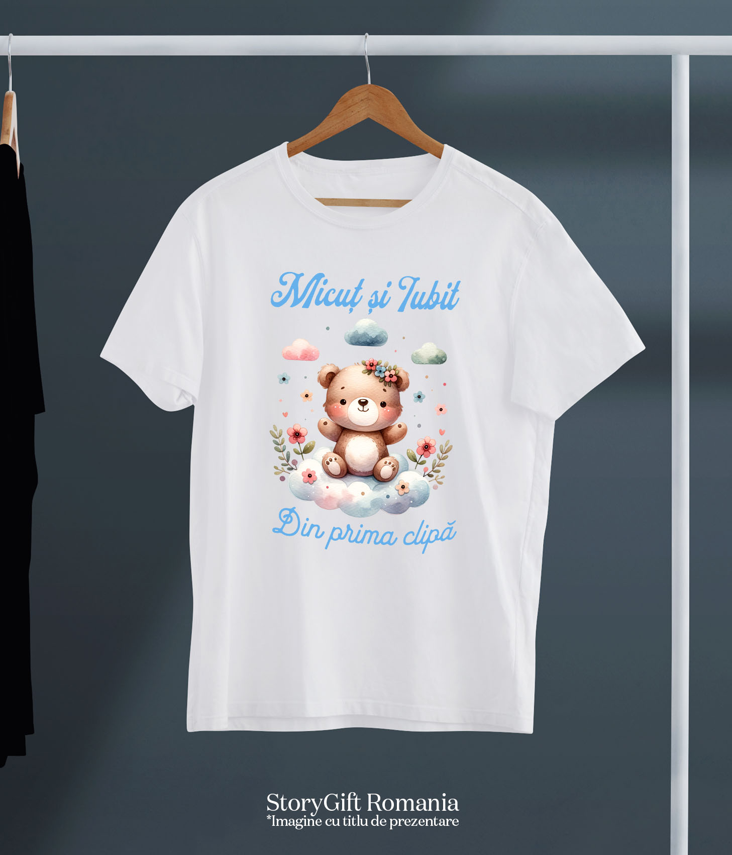 Tricou Femei, Barbati, Copii, Fata, Baiat, Unisex Personalizat Cadou Personalizat „Micuț Și Iubit Din Prima Zi” | Ursuleț De Pluș Maro Pe Norisor [4]