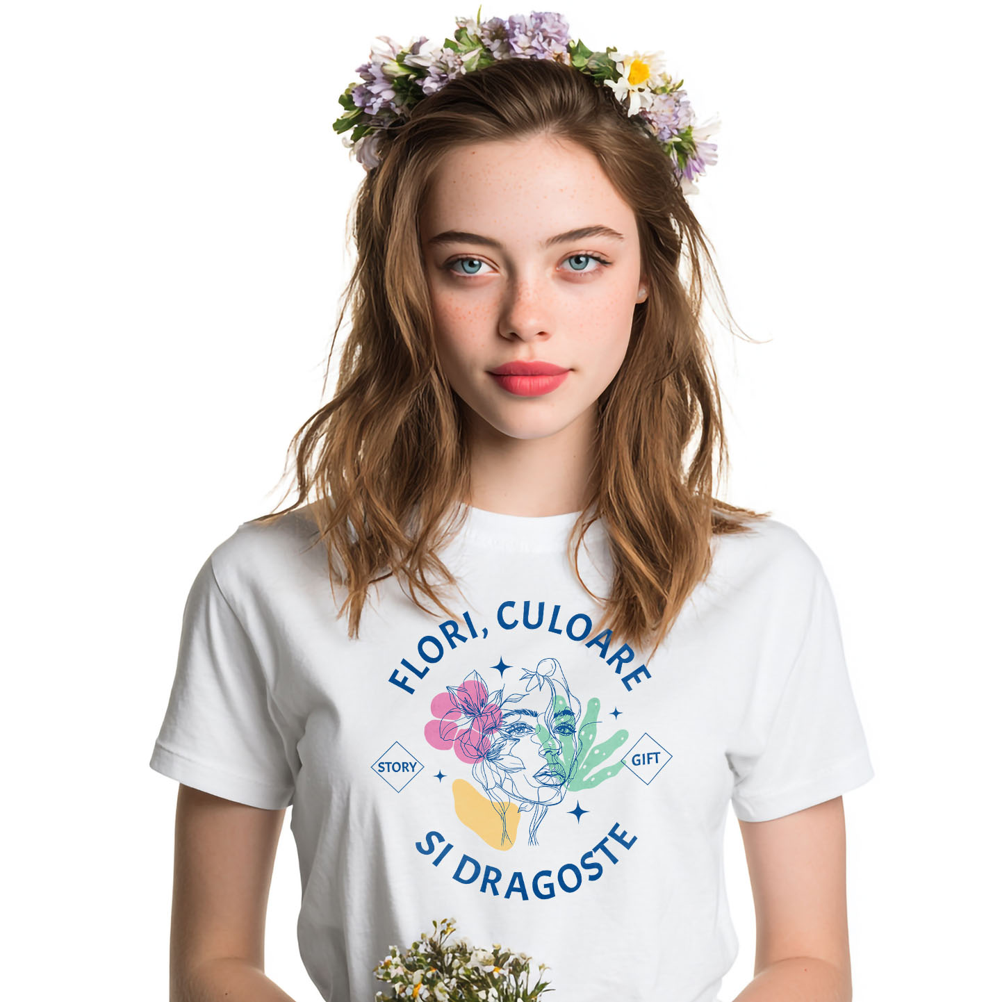 Flori - Tricou Femei, Barbati, Copii, Fata, Baiat, Unisex Personalizat Cadou Personalizat Flori Colorate și Iubire | Chip Feminin cu Mesaj Inspirațional
