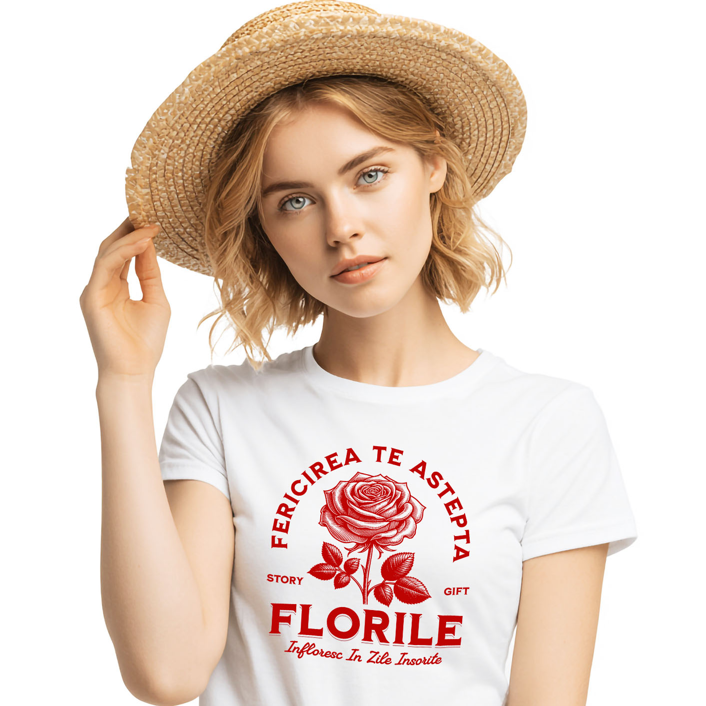 Flori - Tricou Femei, Barbati, Copii, Fata, Baiat, Unisex Personalizat Trandafir Roșu și Mesaj de Fericire | Cadou Romantic cu Flori Înflorite