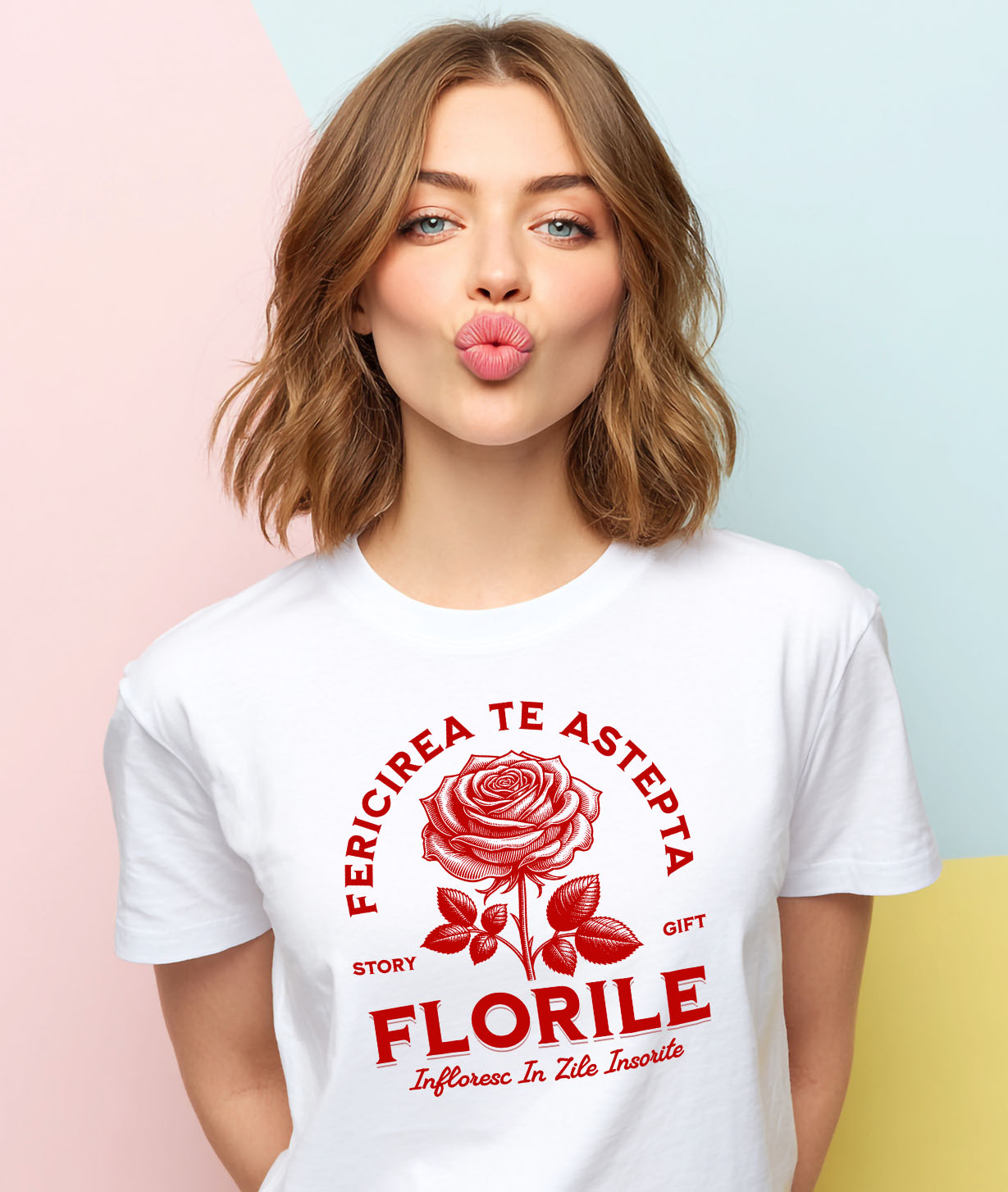 Tricou Femei, Barbati, Copii, Fata, Baiat, Unisex Personalizat Trandafir Roșu și Mesaj de Fericire | Cadou Romantic cu Flori Înflorite [1]