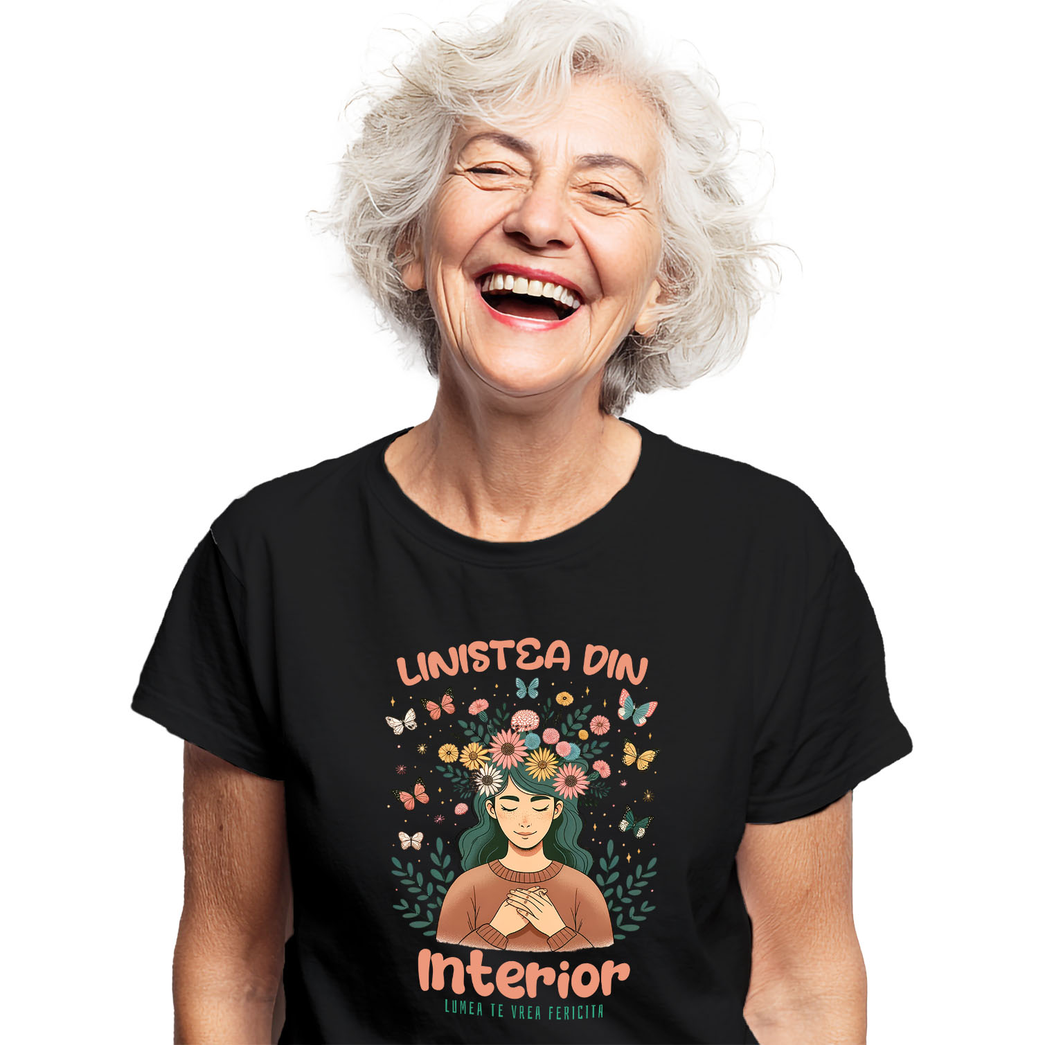 Flori - Tricou Femei, Barbati, Copii, Fata, Baiat, Unisex Personalizat Coroană de Flori cu Mesaj de Liniște Interioară | Lumea te Vrea Fericită - Cadou Personalizat